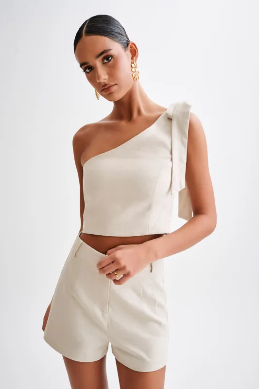 Venezia Linen One Shoulder Tie Top - Natural sold by Meshki