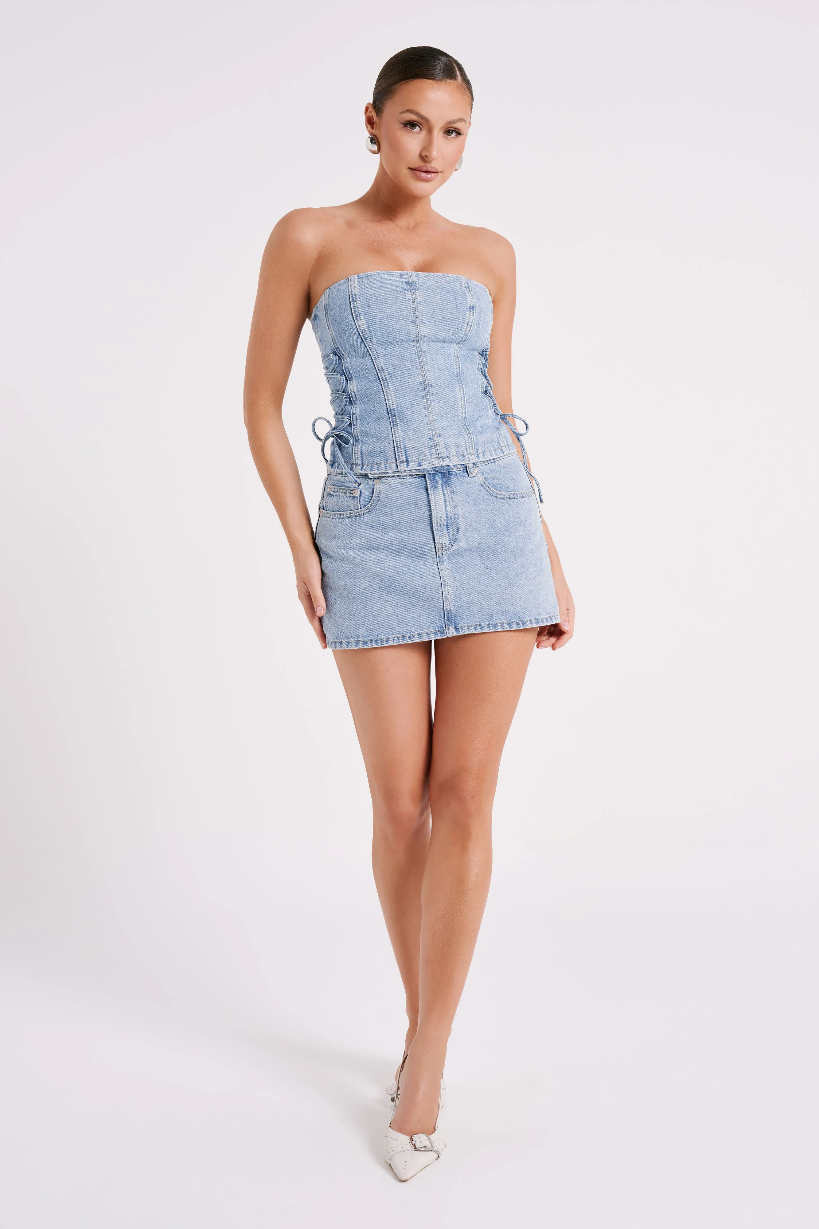 Julienne Denim Mini Skirt - Mid Blue sold by Meshki product image thumbnail 4
