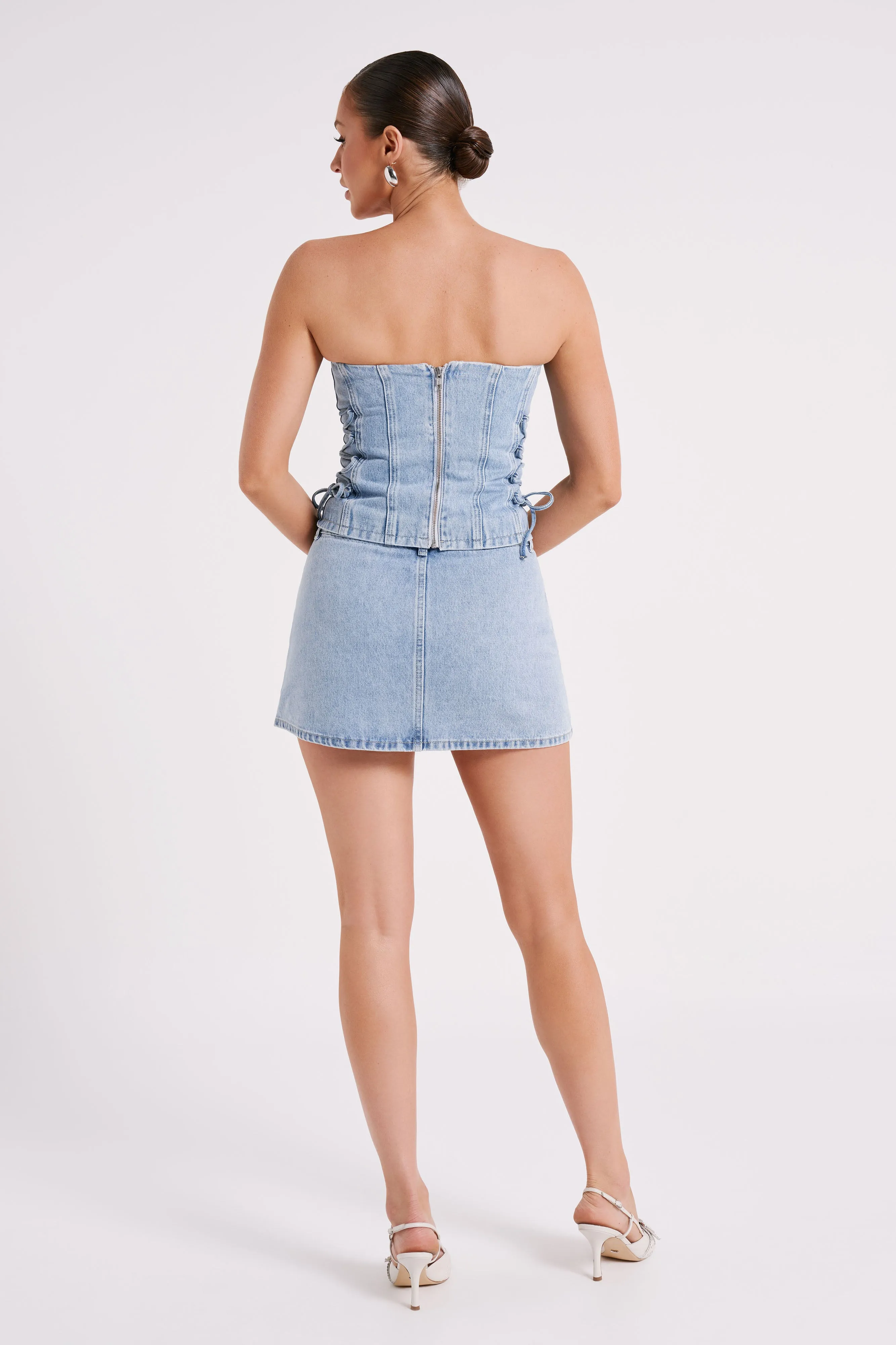 Julienne Denim Mini Skirt - Mid Blue sold by Meshki product image thumbnail 5