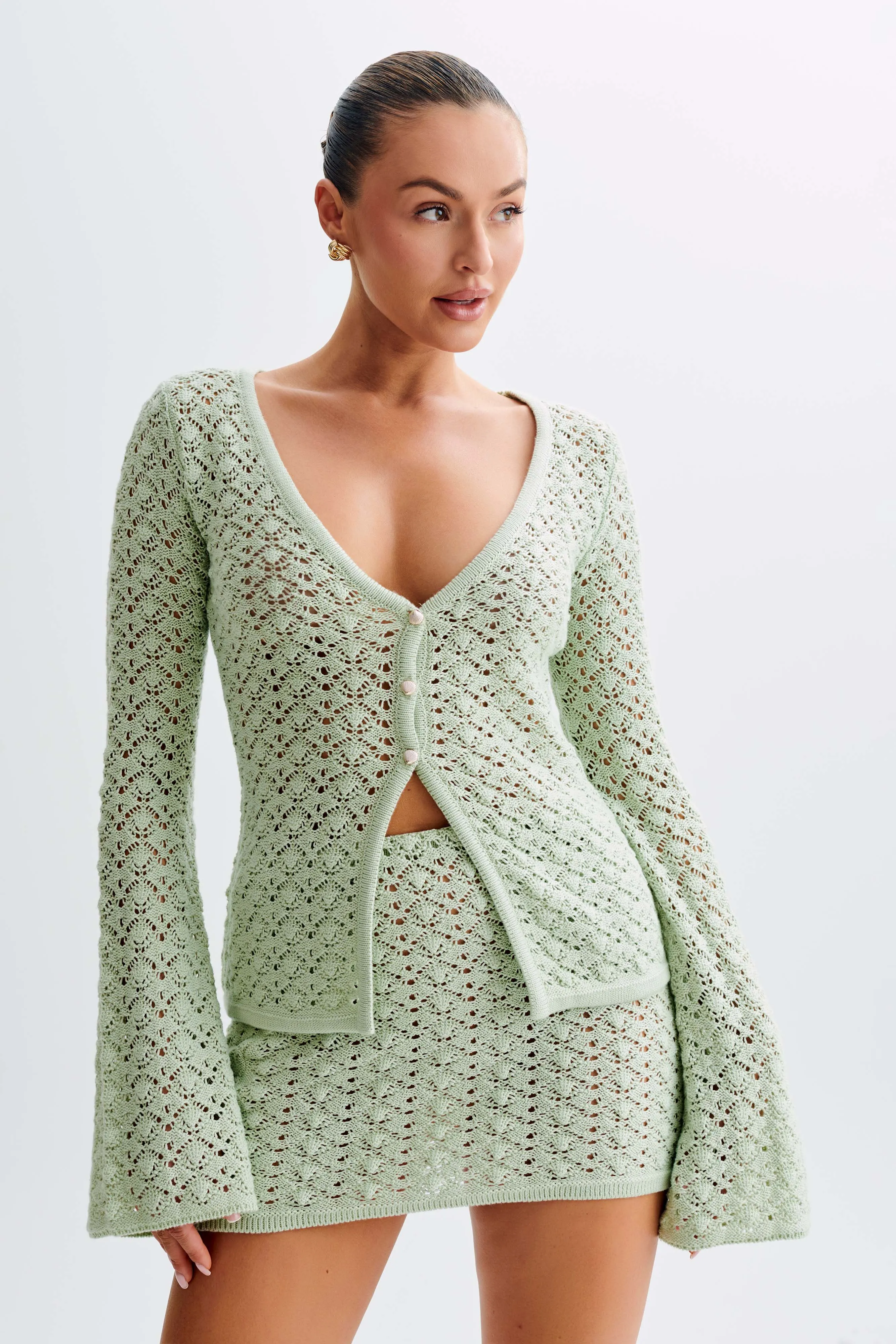 Murphy Long Sleeve Knit Shell Button Cardigan - Pastel Green sold by Meshki product image thumbnail 4