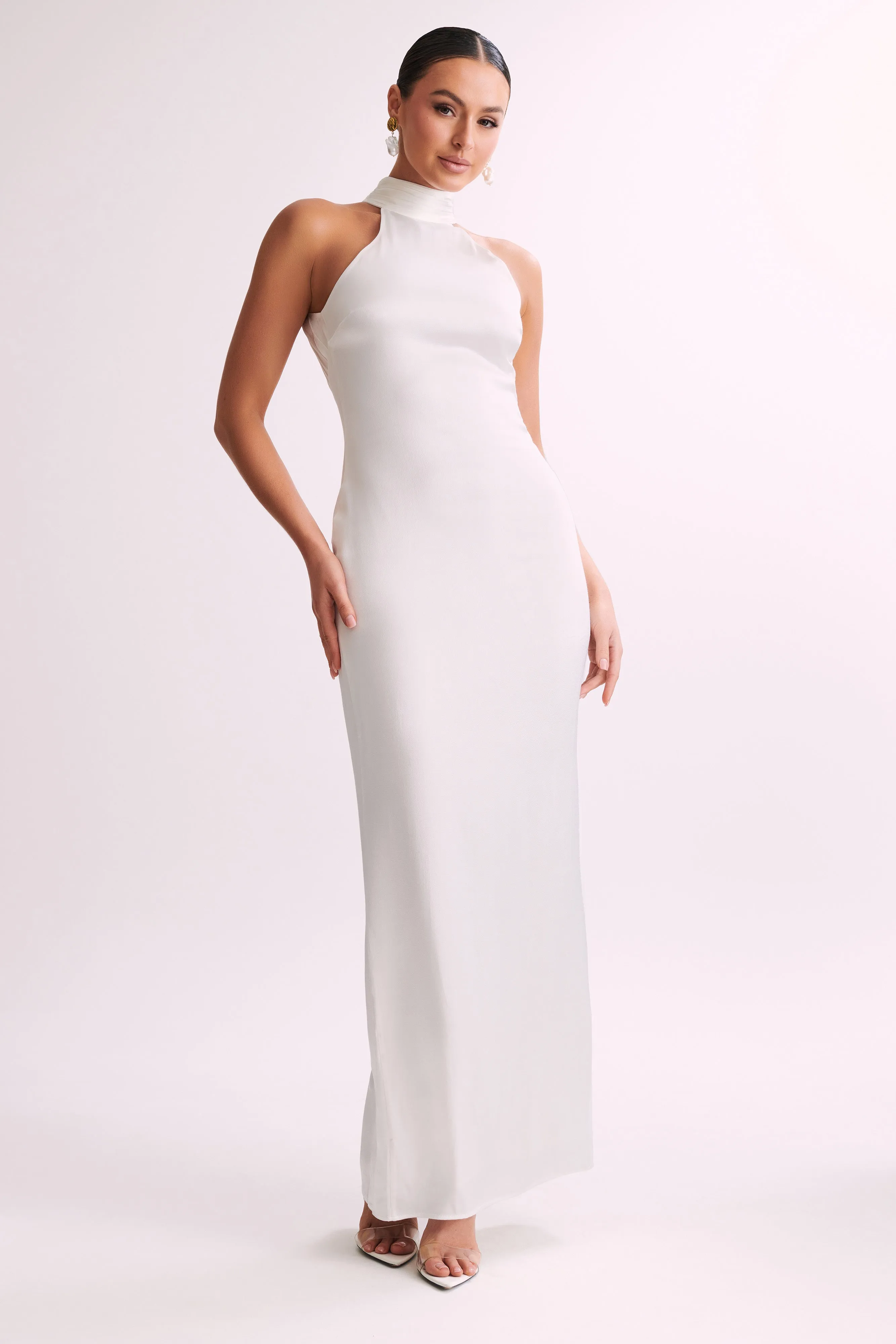 Claire Satin Drape Back Maxi Dress - White sold by Meshki product image thumbnail 4