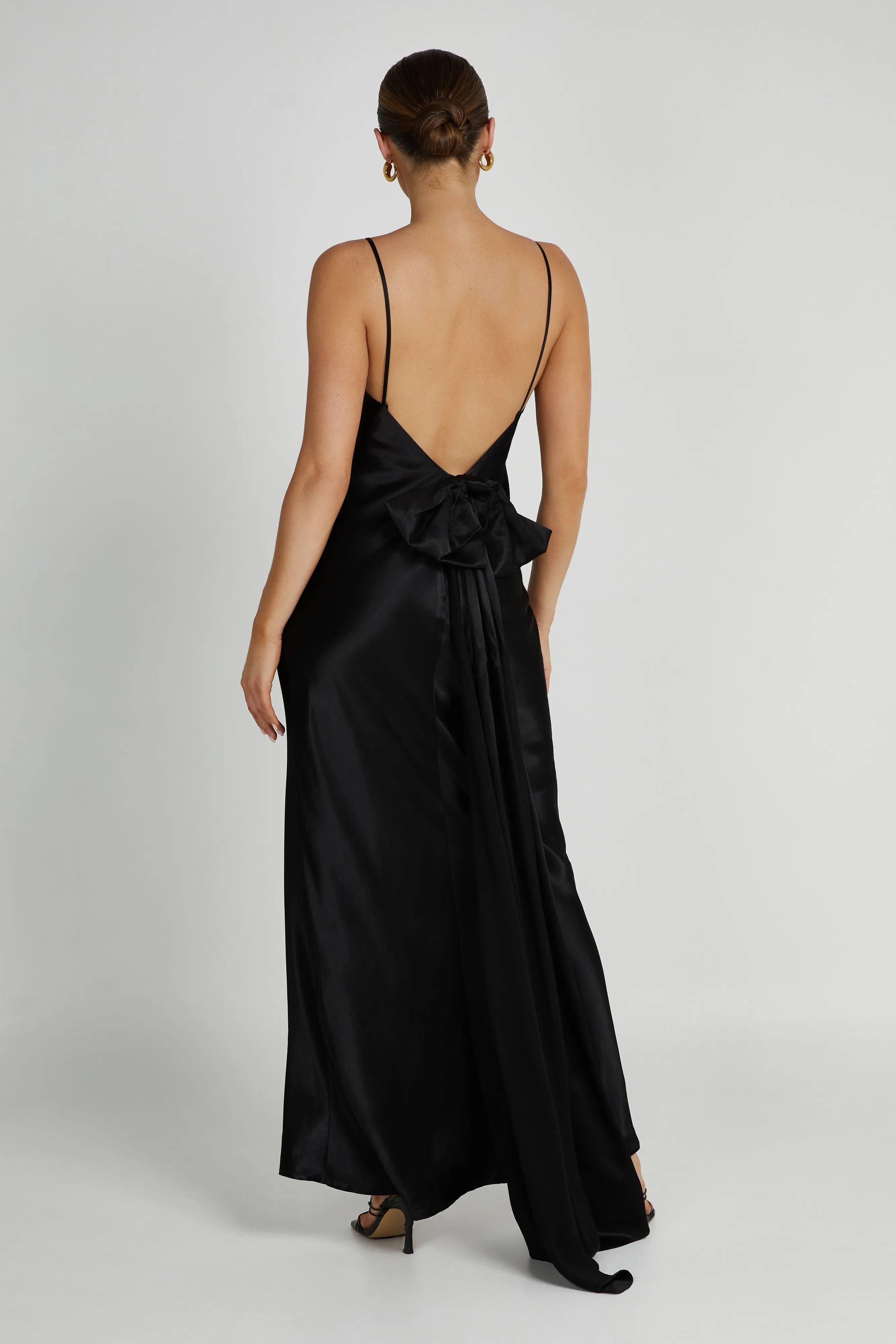 Kailey Low Back Maxi Dress With Detachable Bow Train - Black sold by Meshki