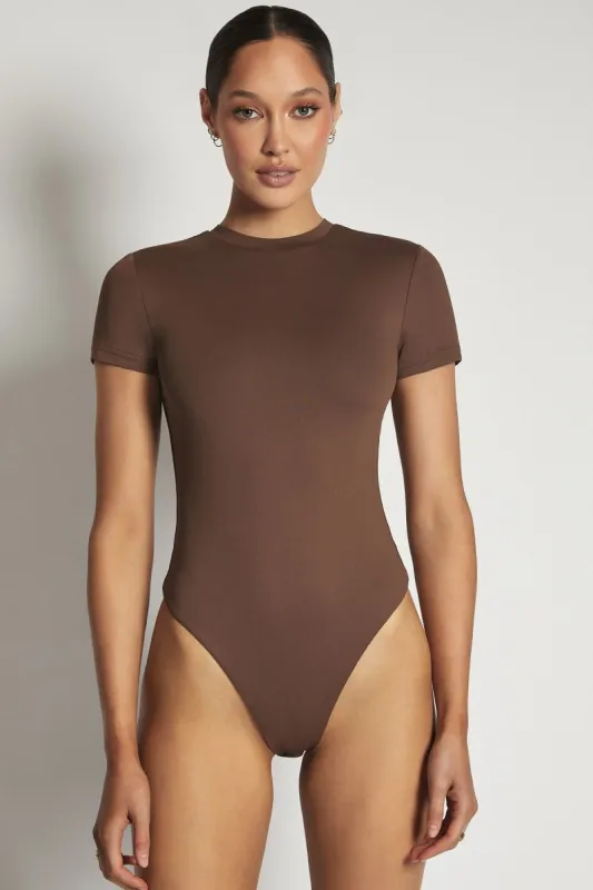 Francesca Crew Neck Short Sleeve Bodysuit - Chocolate sold by Meshki
