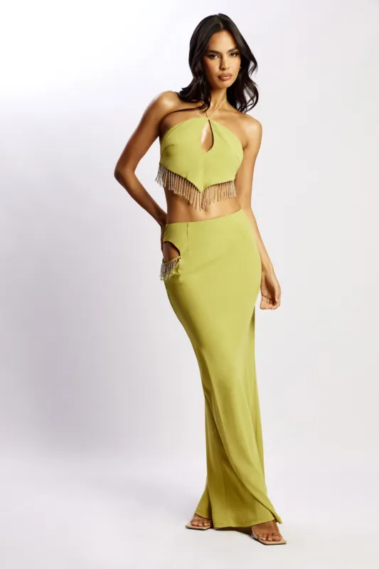 Jayleen Maxi Skirt With Fringe - Chartreuse sold by Meshki
