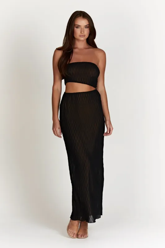 Christine Wave Pleat Maxi Dress With Cut Out - Black sold by Meshki