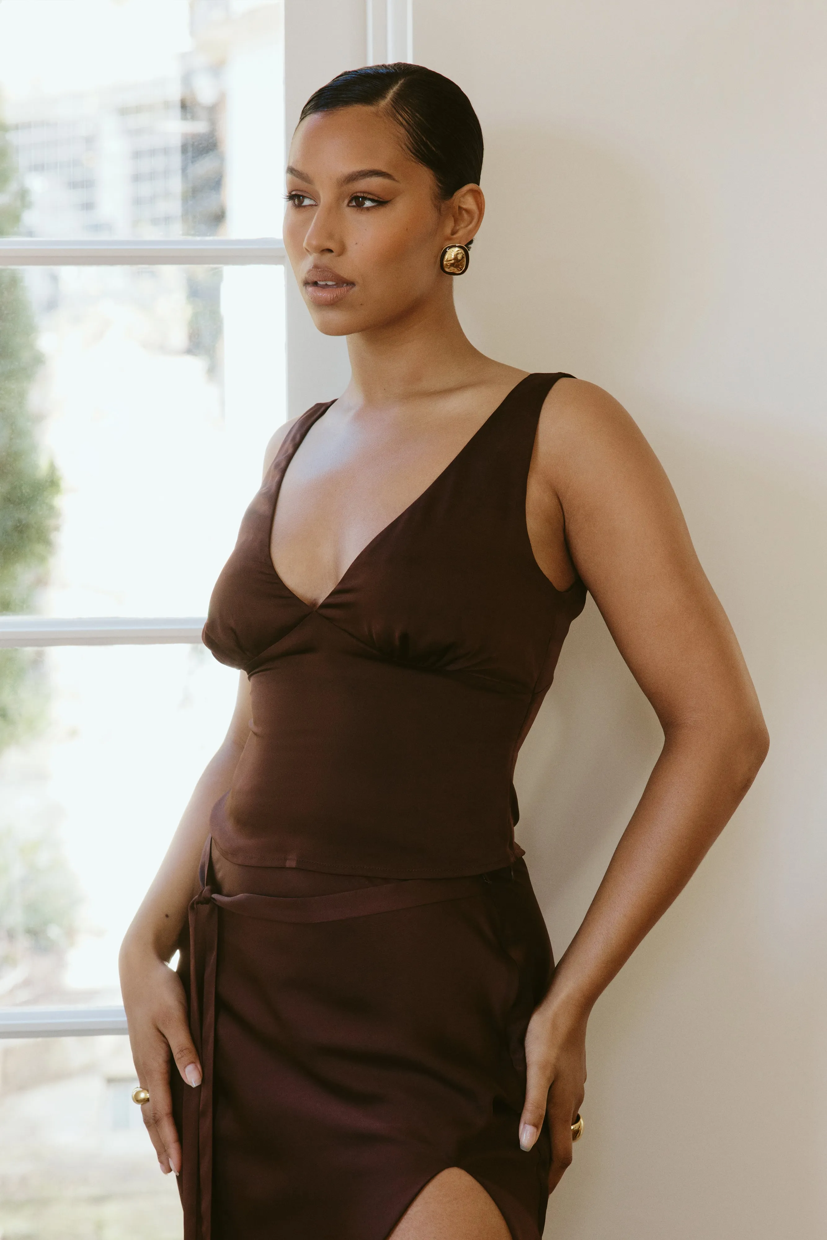 Edie Satin Top - Dark Chocolate sold by Meshki