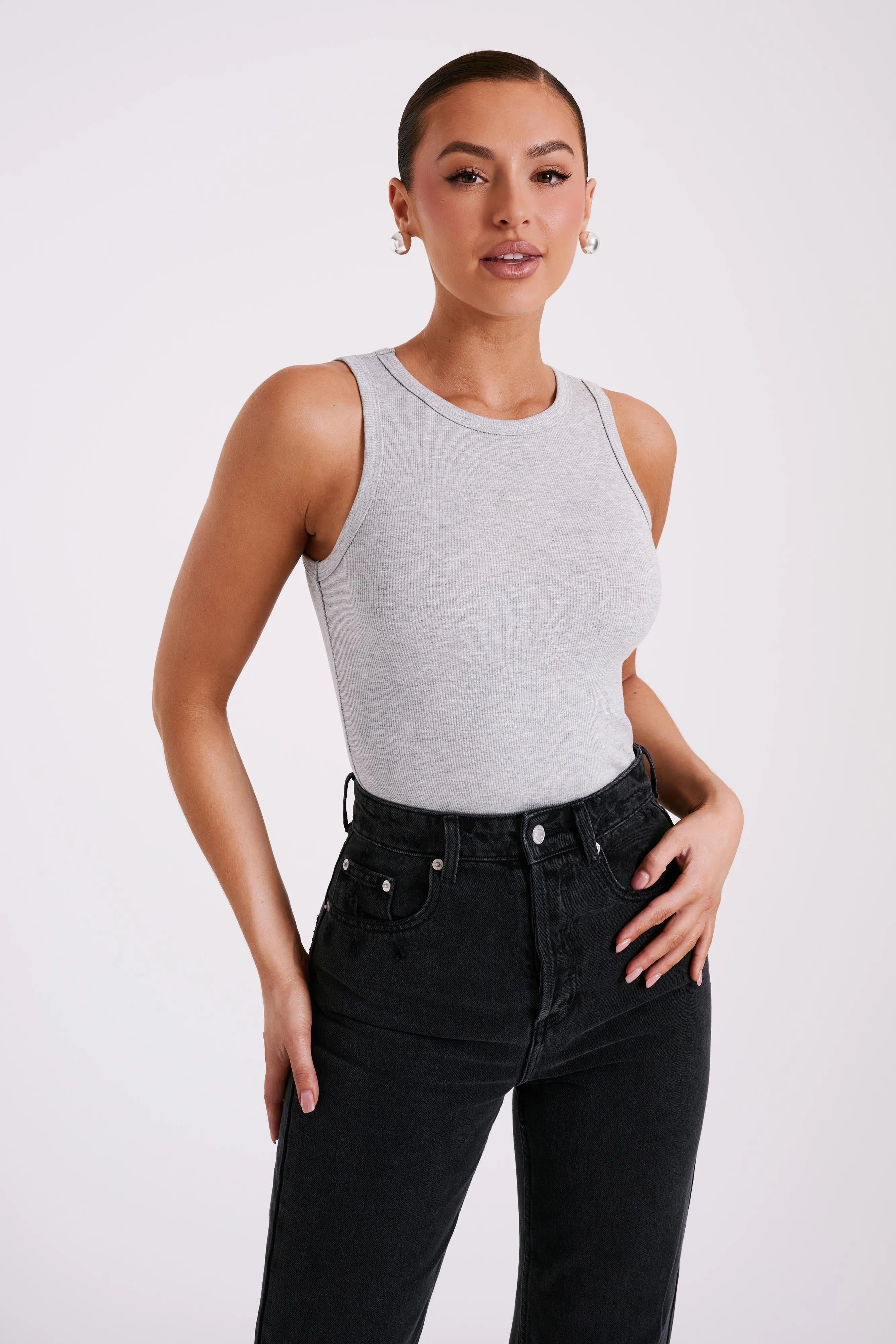 Zanna Ribbed Tank Top - Grey Marle sold by Meshki