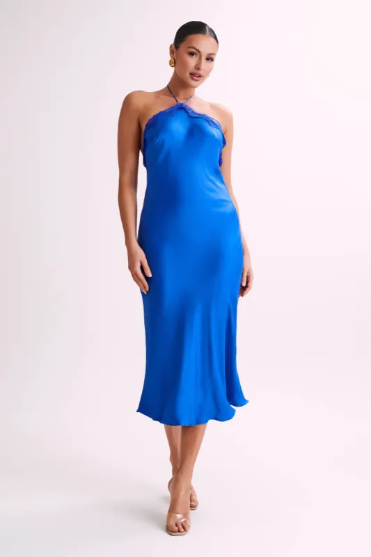 Kaya Satin Midi Dress With Lace - Periwinkle sold by Meshki