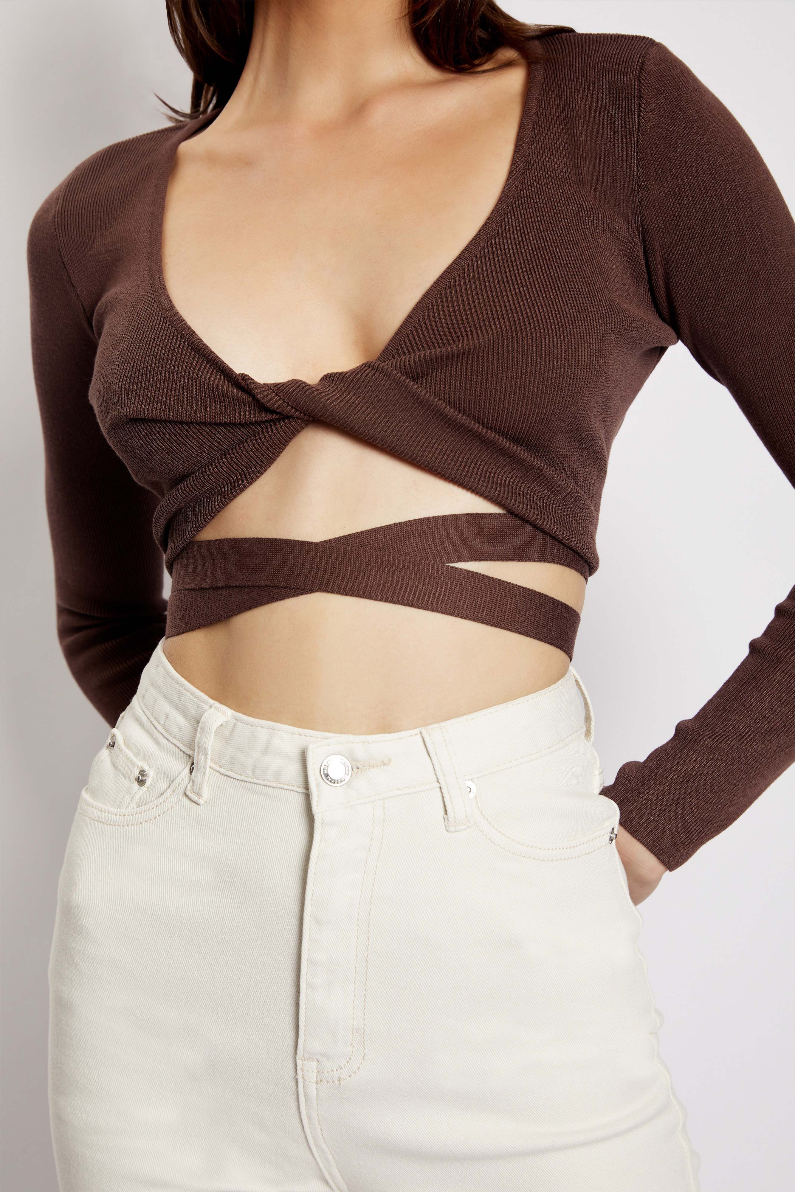 Arzu Wrap Long Sleeve Crop - Chocolate sold by Meshki product image thumbnail 2