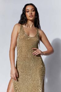 Maryam Knit Maxi Dress With Side Split - Gold sold by Meshki