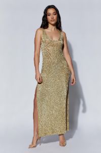 Maryam Knit Maxi Dress With Side Split - Gold sold by Meshki