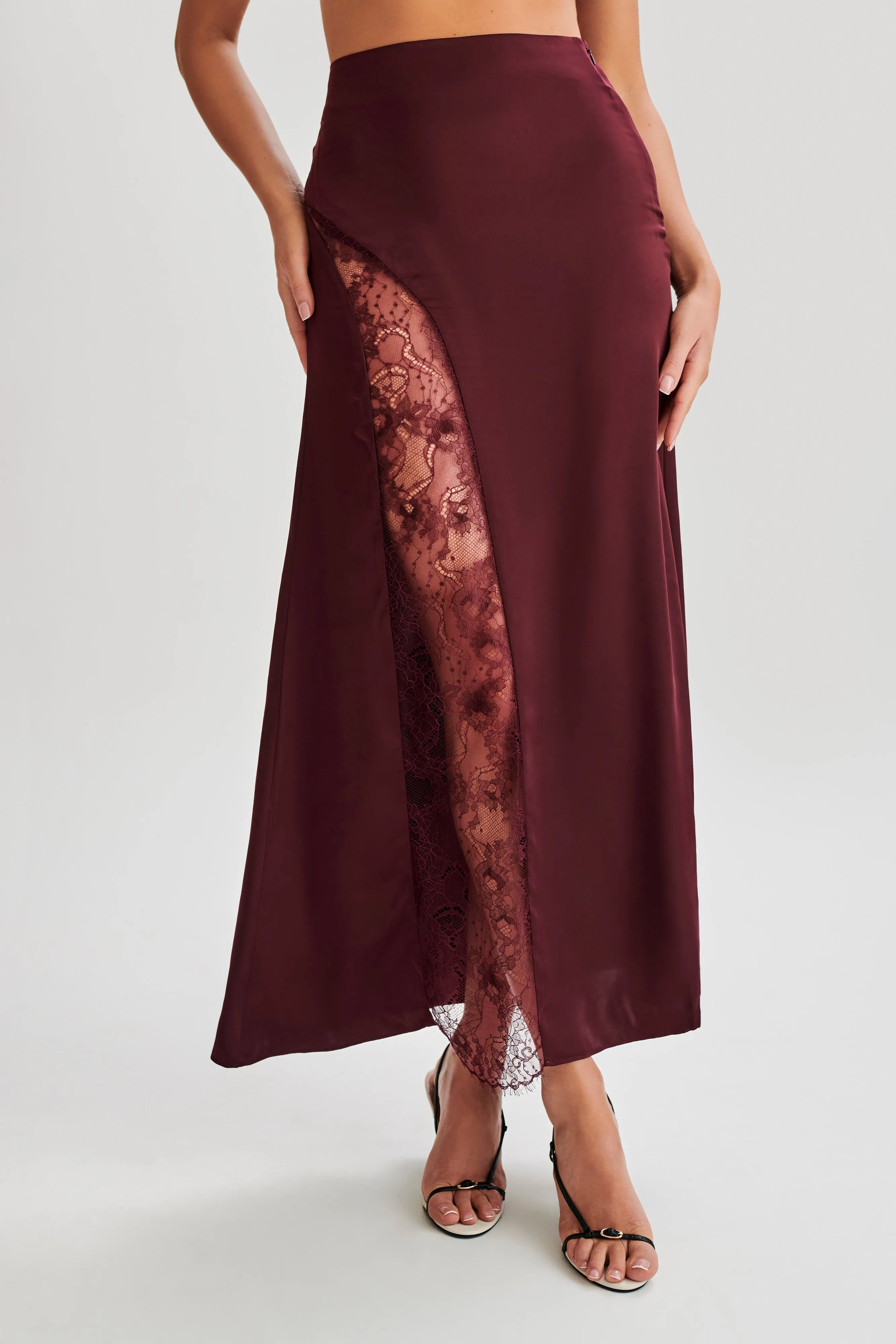 Luella Satin Lace Maxi Skirt - Plum sold by Meshki