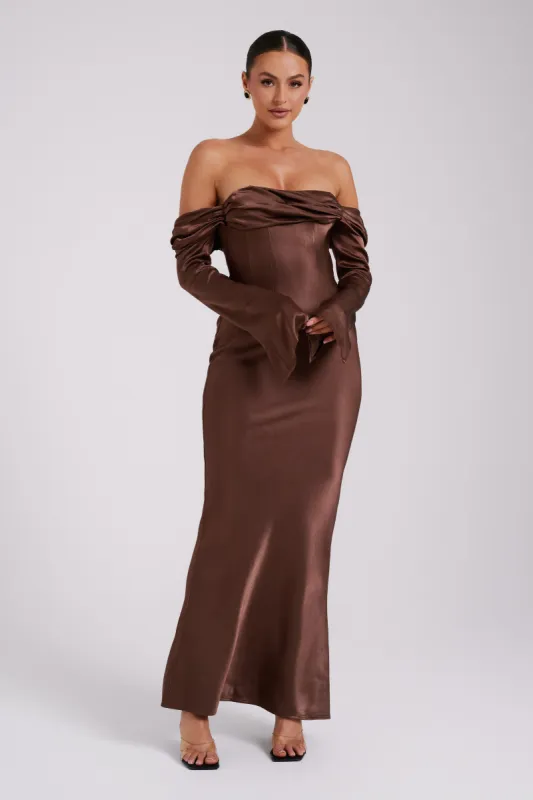 Giselle Off Shoulder Cowl Neck Maxi Dress - Mocha sold by Meshki