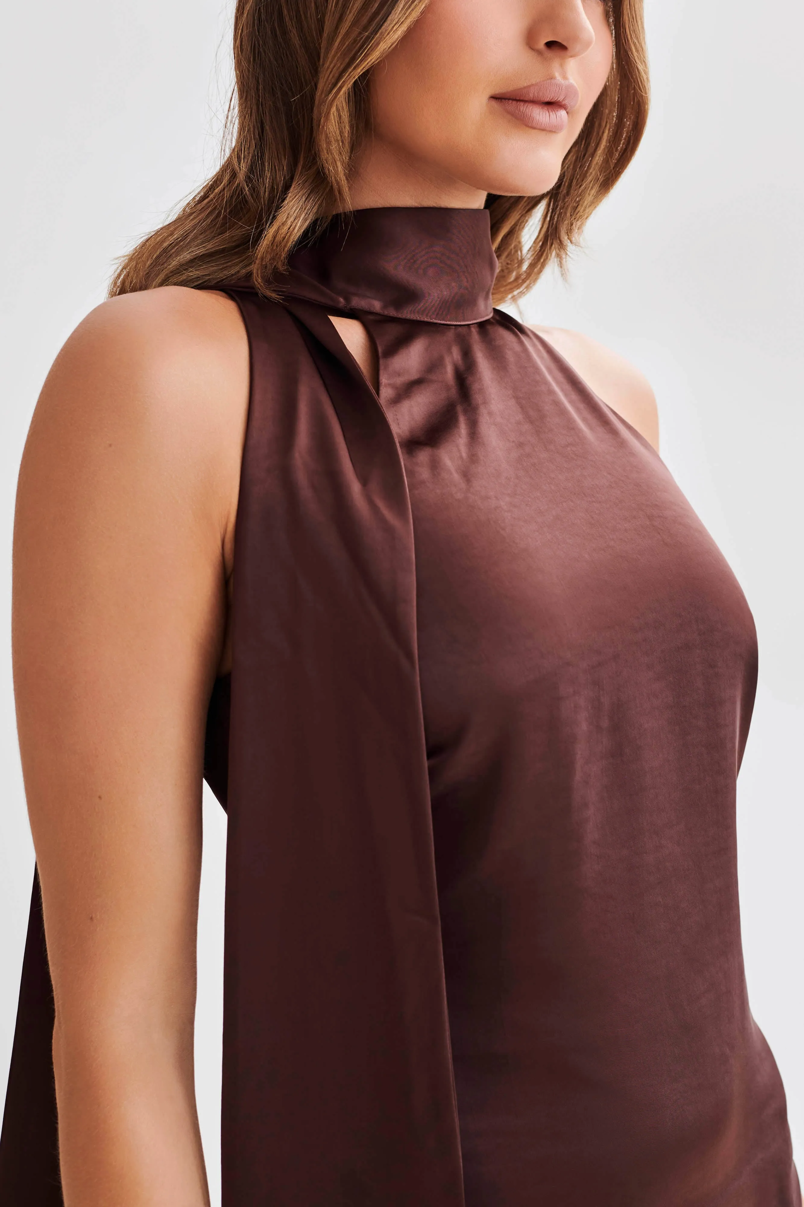 Aubriella Halter Mini Dress With Tie - Dark Chocolate sold by Meshki product image thumbnail 2