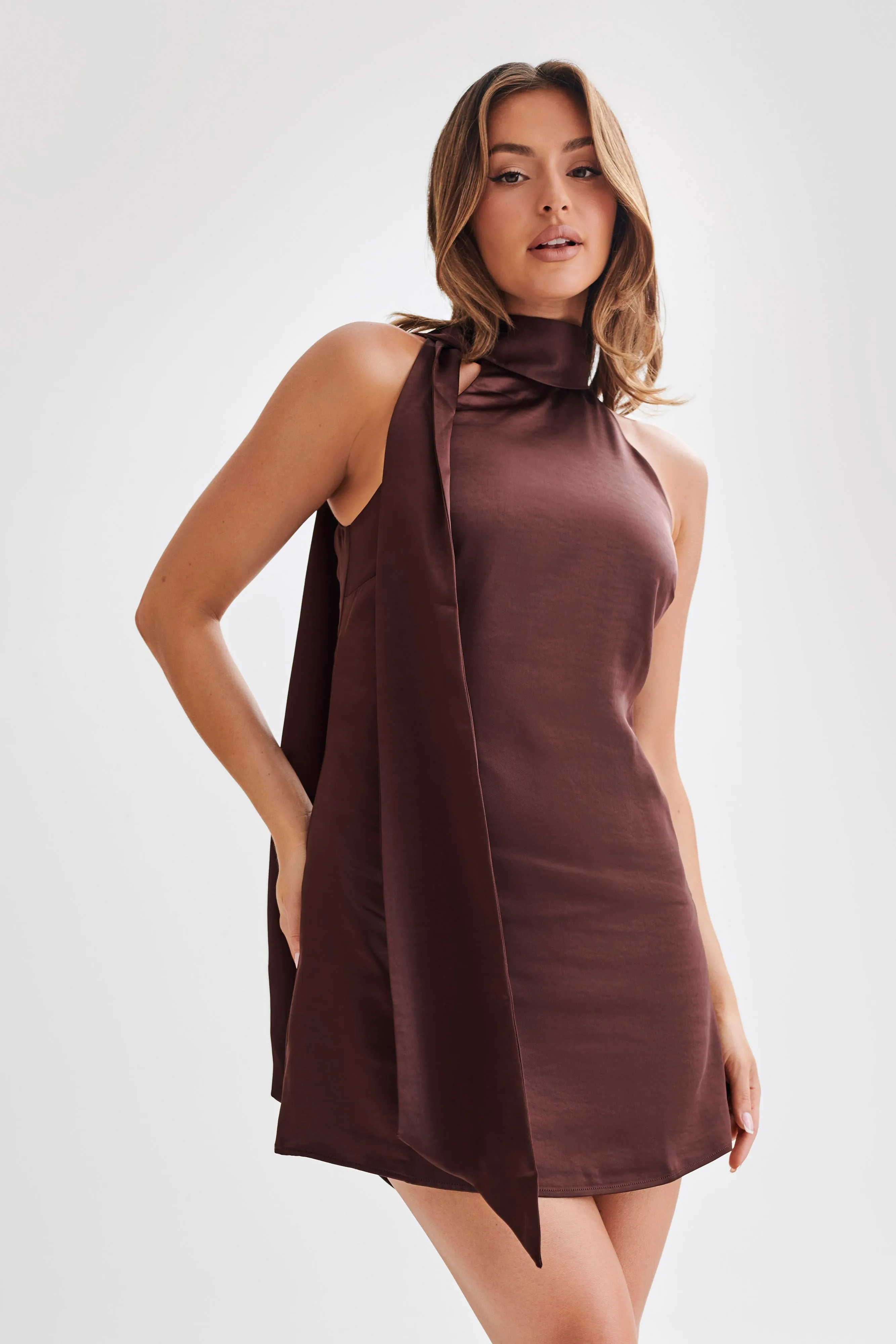 Aubriella Halter Mini Dress With Tie - Dark Chocolate sold by Meshki