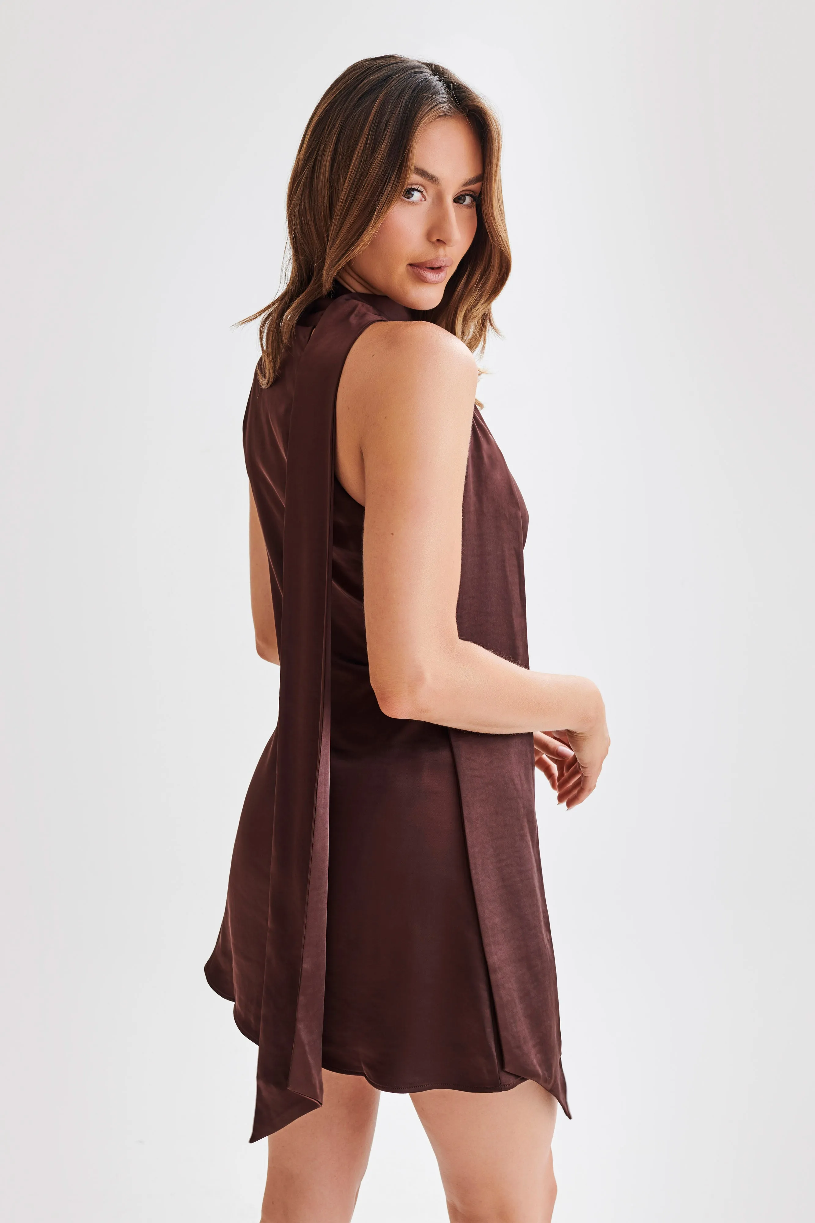 Aubriella Halter Mini Dress With Tie - Dark Chocolate sold by Meshki product image thumbnail 3