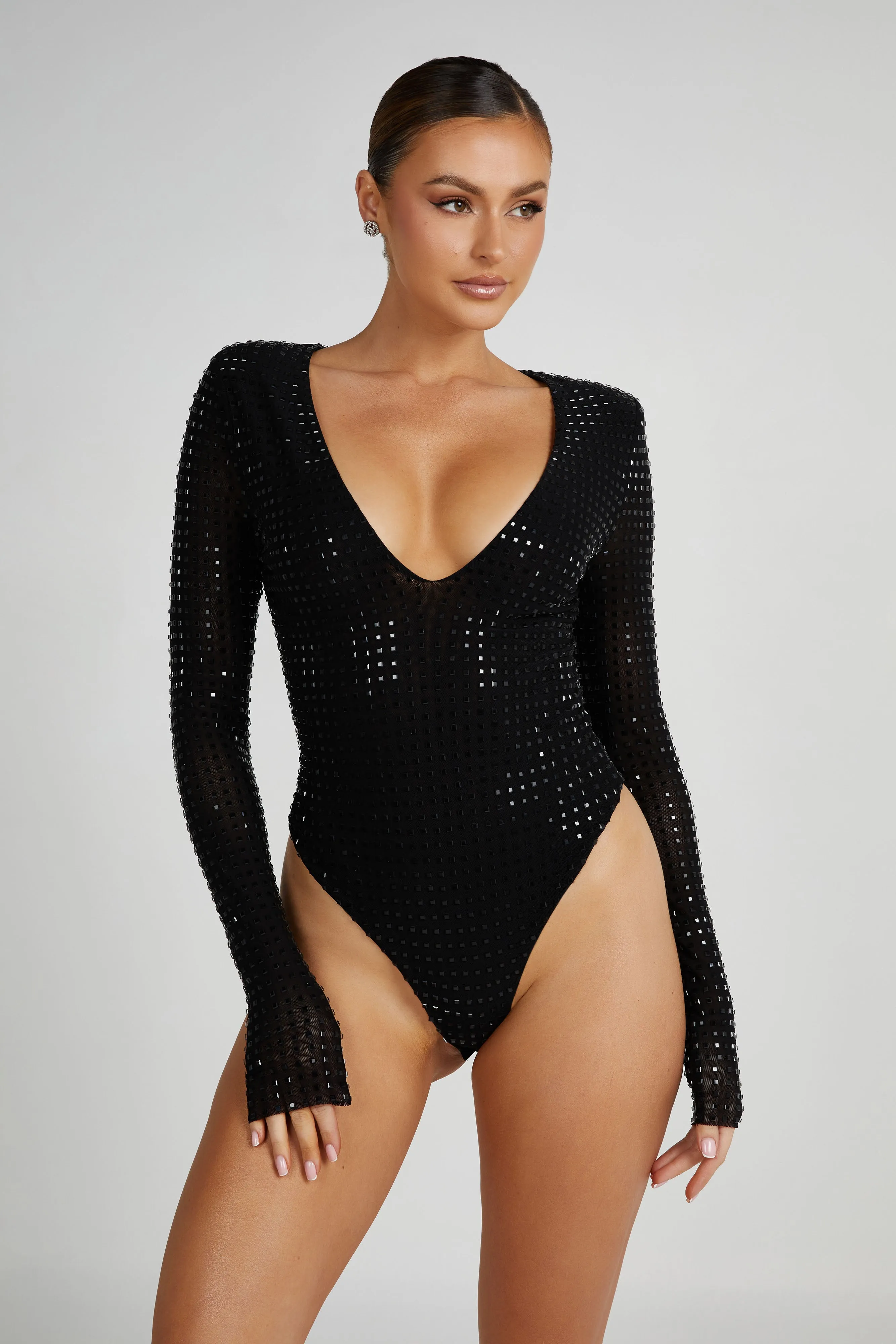 Keenan Square Diamante Bodysuit - Black sold by Meshki