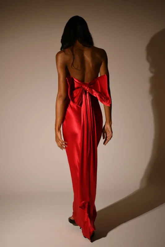 Rochelle Bow Back Satin Maxi Dress - Red sold by Meshki