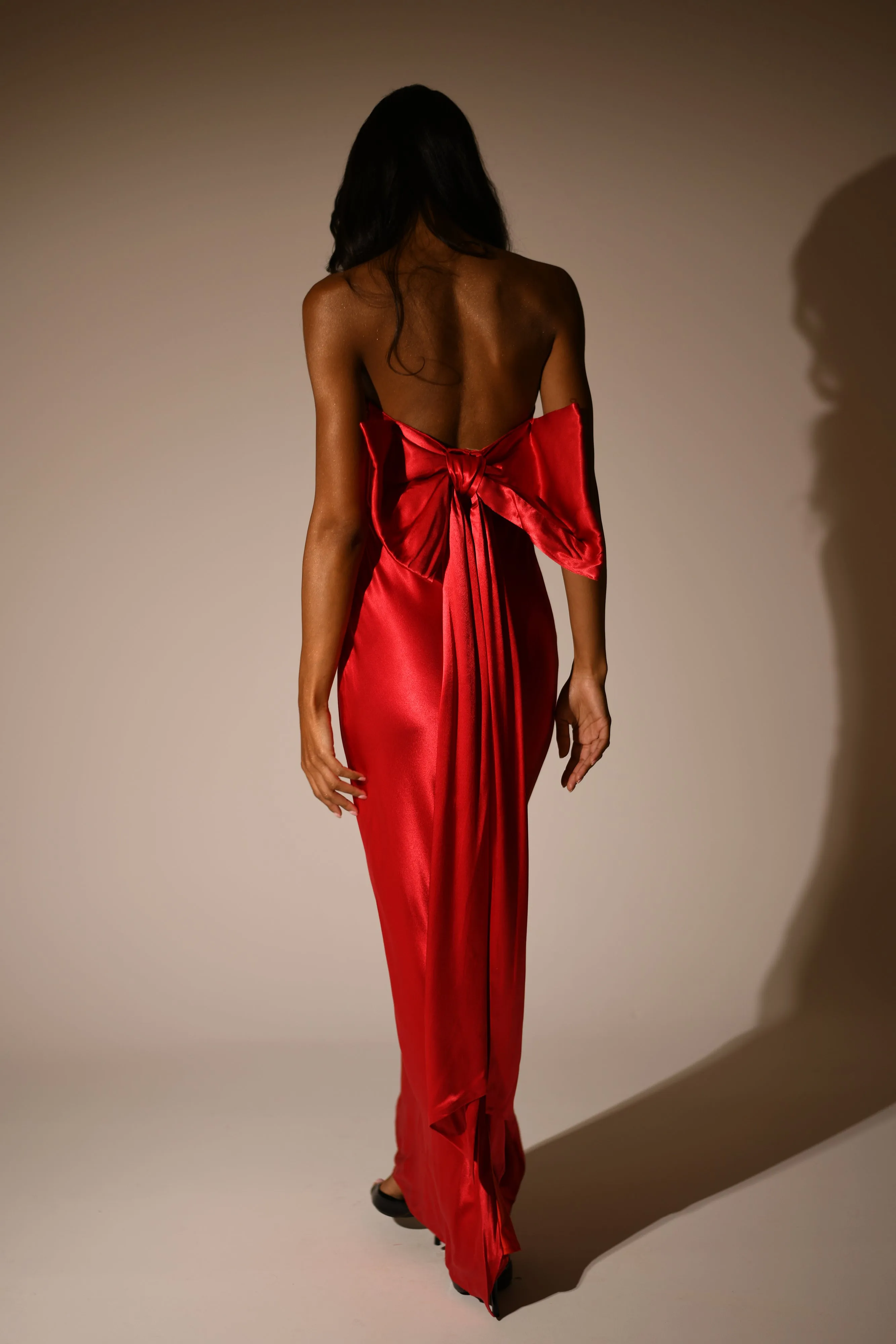 Rochelle Bow Back Satin Maxi Dress - Red sold by Meshki