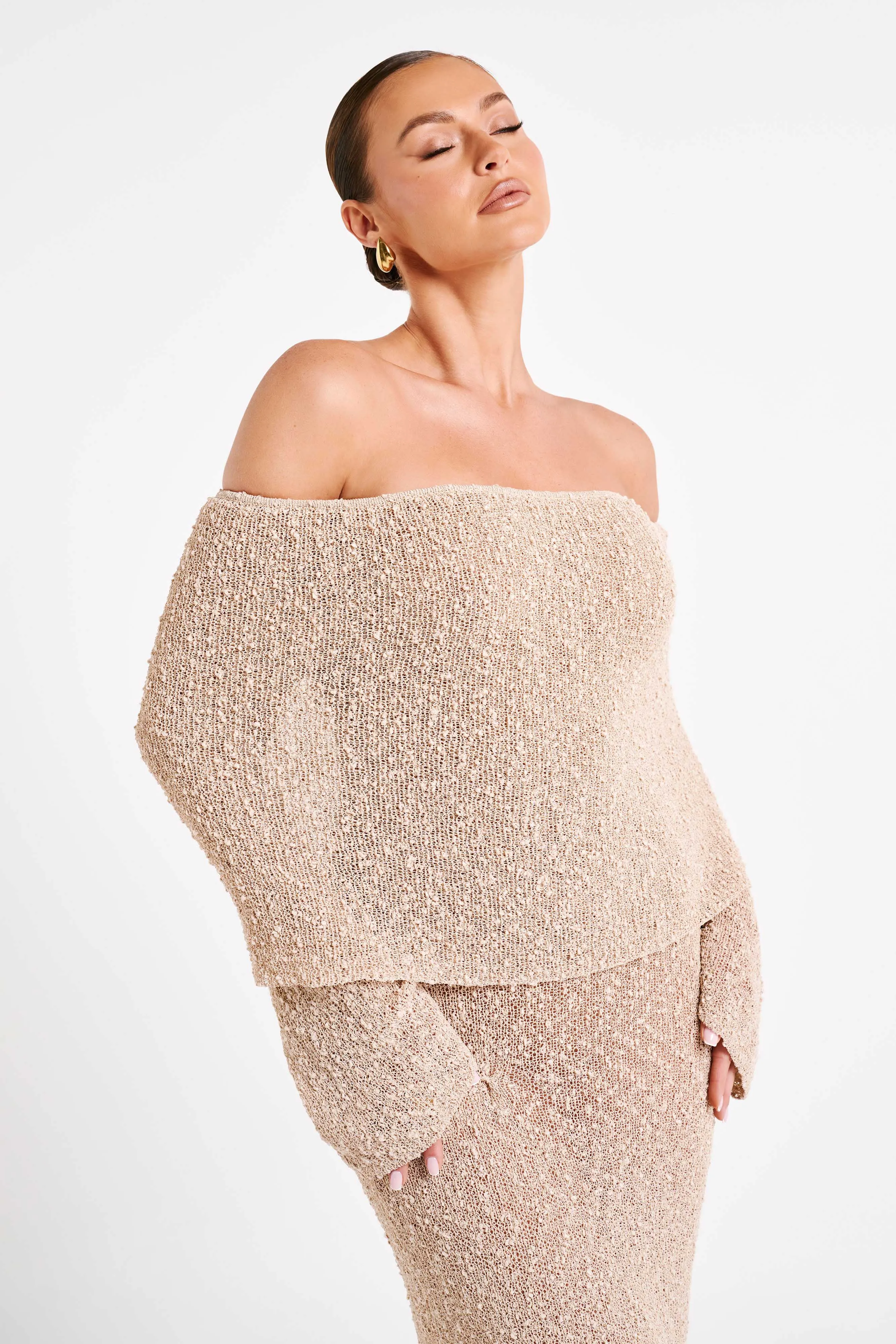 Marisol Off Shoulder Boucle Maxi Dress - Wheat sold by Meshki product image thumbnail 5