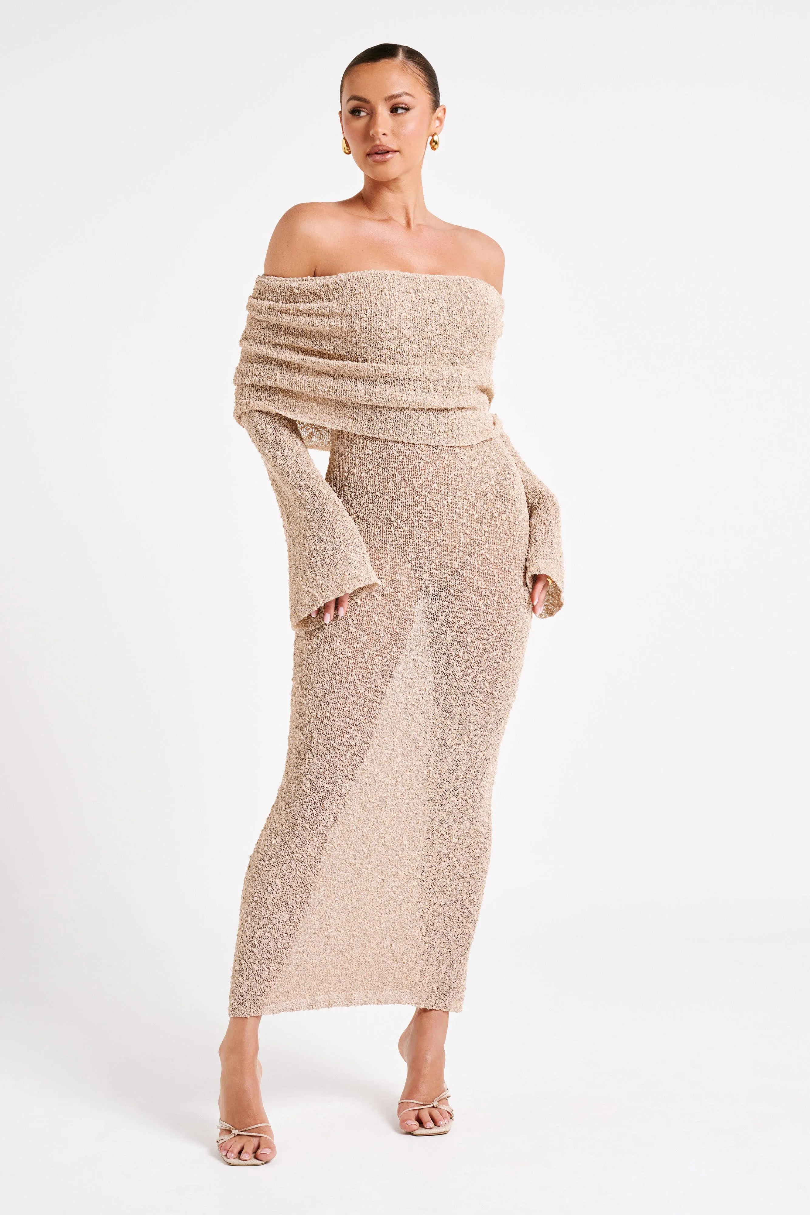 Marisol Off Shoulder Boucle Maxi Dress - Wheat sold by Meshki product image thumbnail 2
