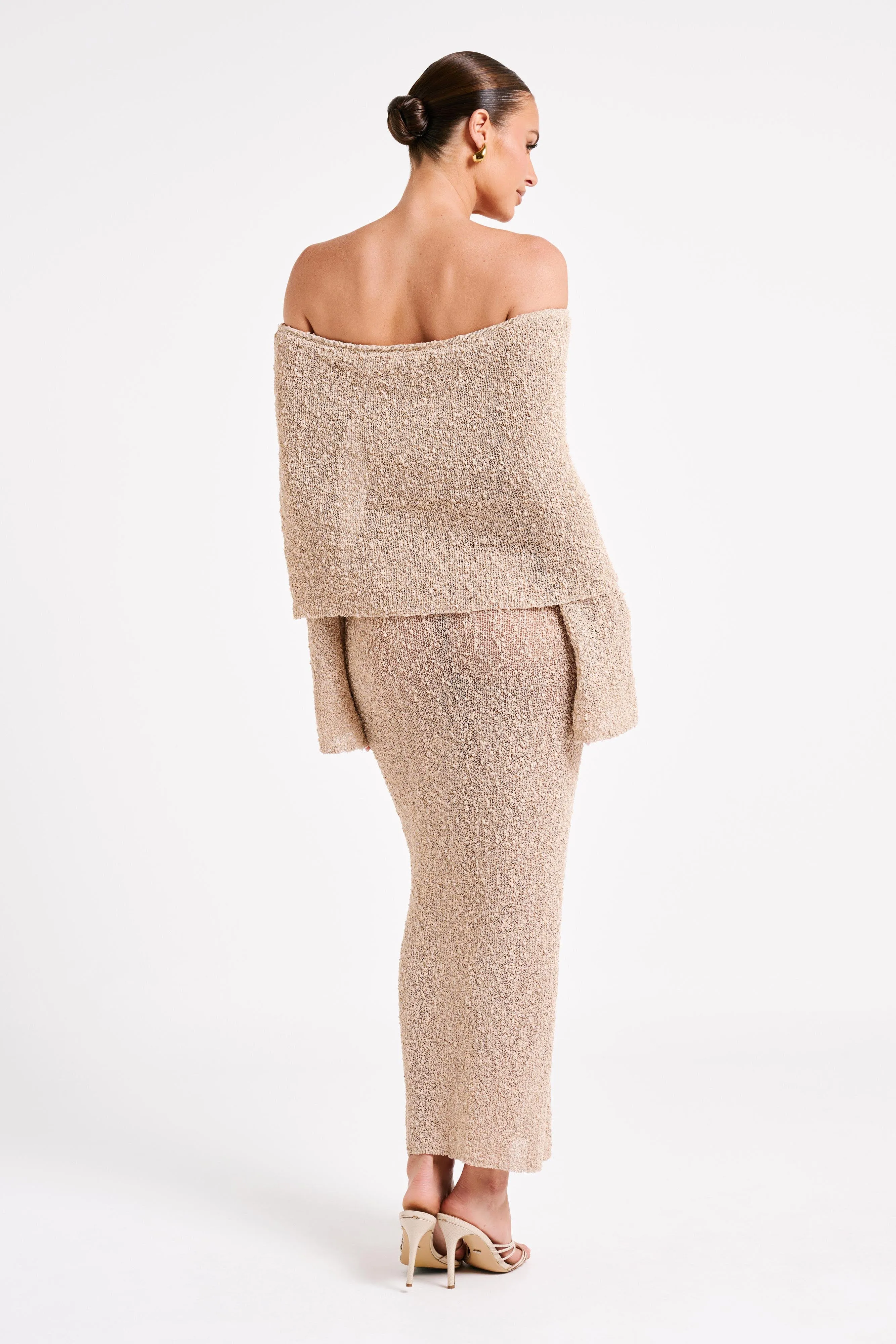 Marisol Off Shoulder Boucle Maxi Dress - Wheat sold by Meshki product image thumbnail 3
