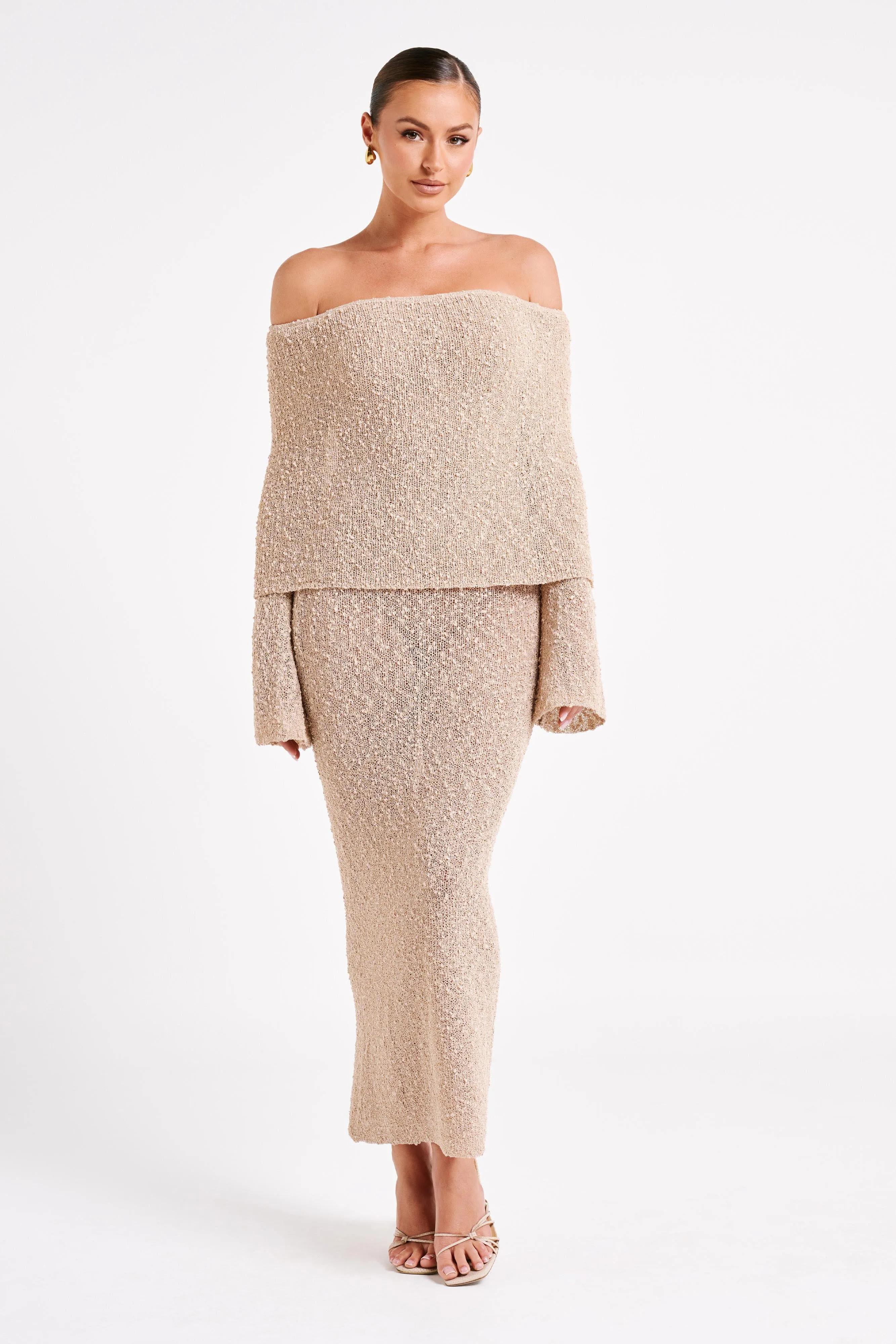 Marisol Off Shoulder Boucle Maxi Dress - Wheat sold by Meshki product image thumbnail 4