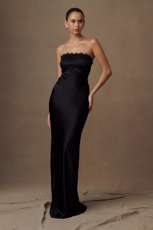 Darcie Strapless Satin Maxi Dress - Black sold by Meshki