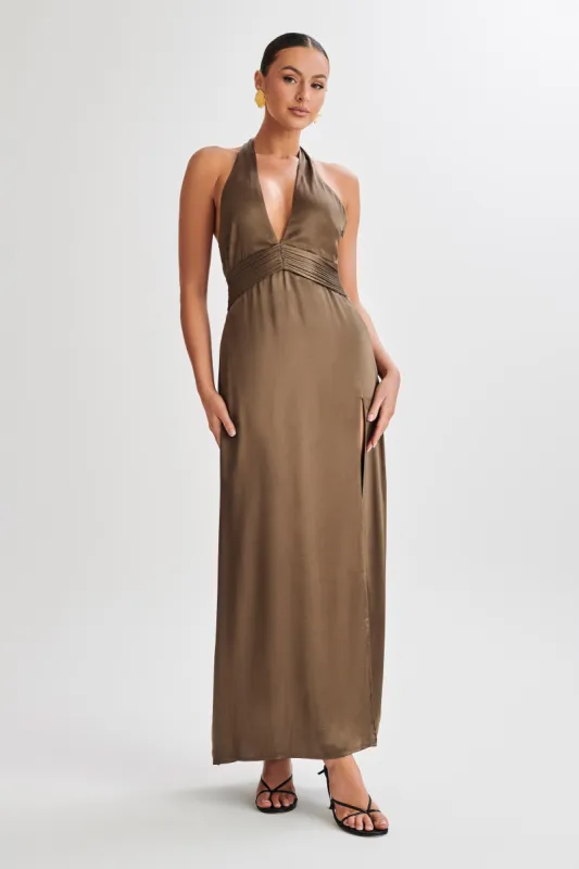 Milana Halter Maxi Dress - Khaki sold by Meshki