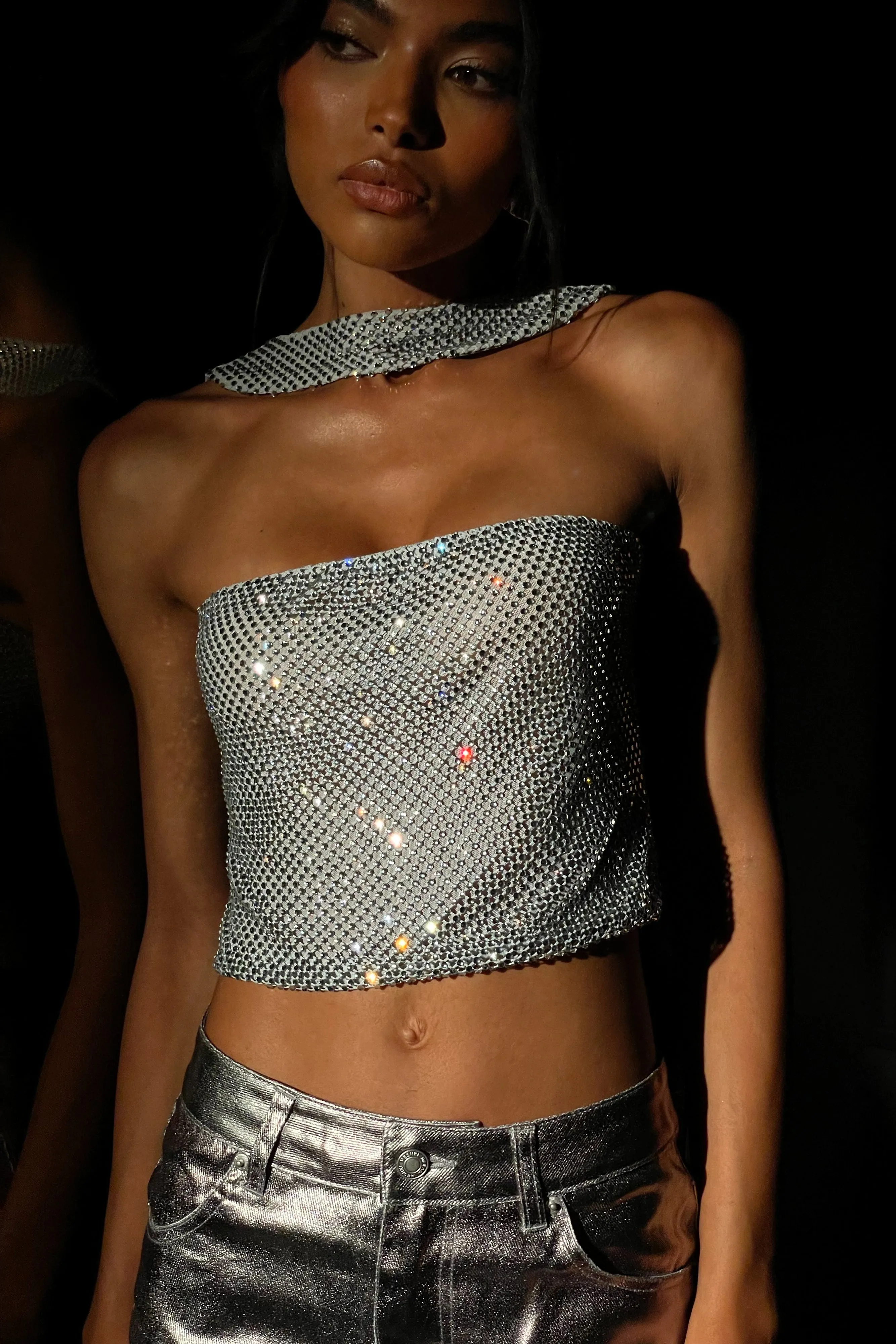 Agnes Diamante Mesh Halter Top - Silver sold by Meshki