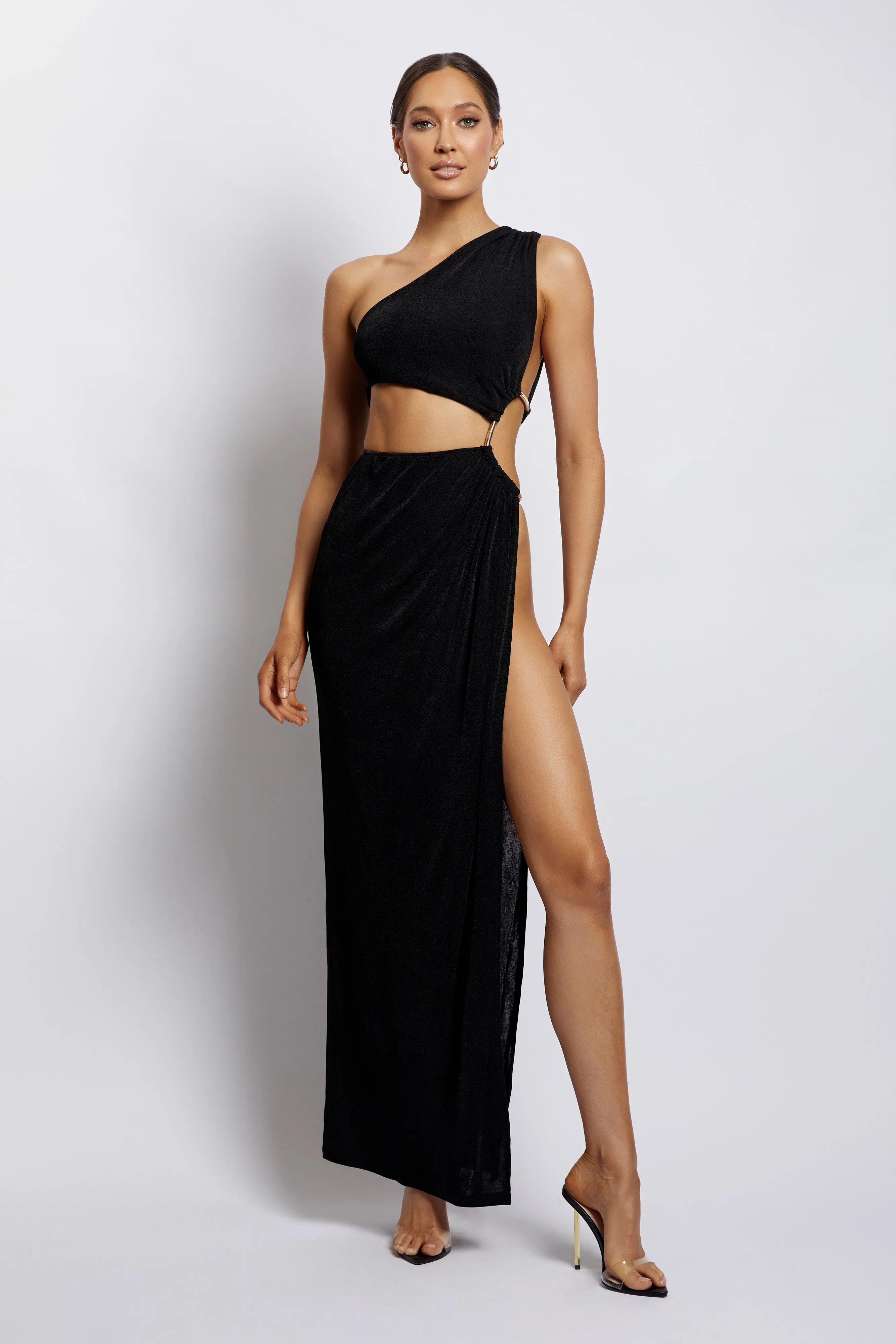 Paige Ruched Side Cut Out Maxi Dress - Black sold by Meshki product image thumbnail 4