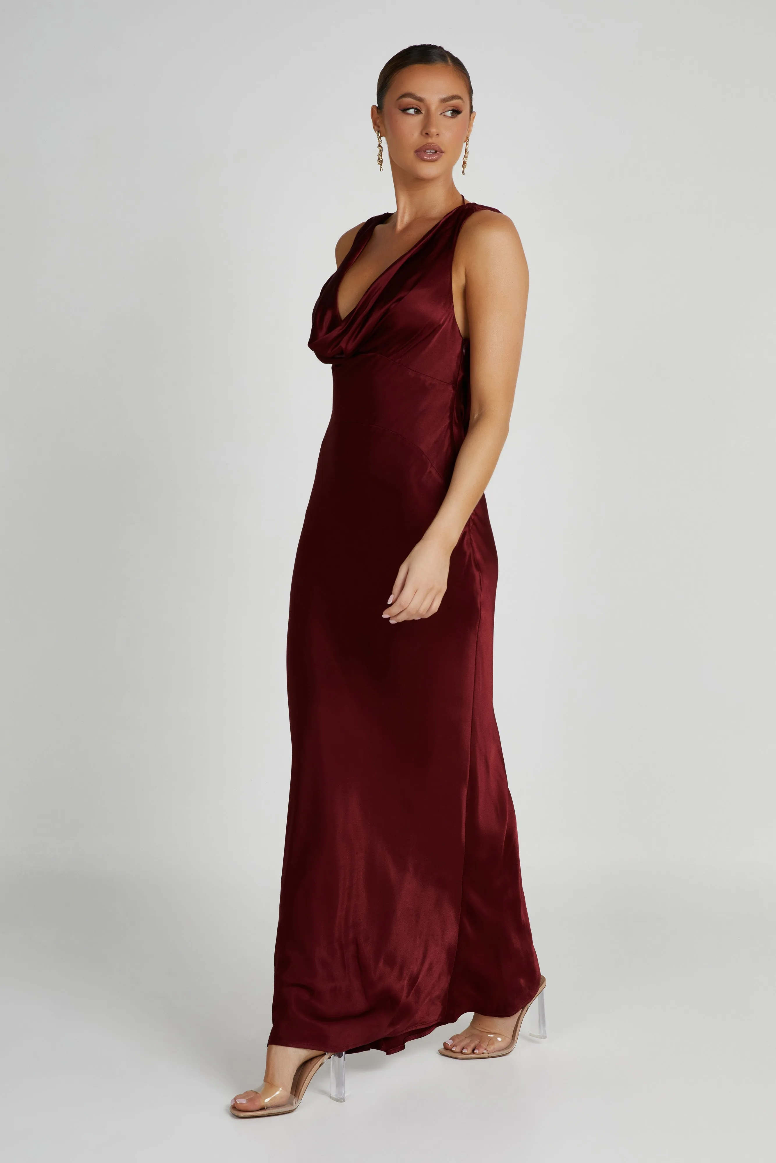 Angelique Satin Cowl Back Maxi Dress - Berry sold by Meshki product image thumbnail 4