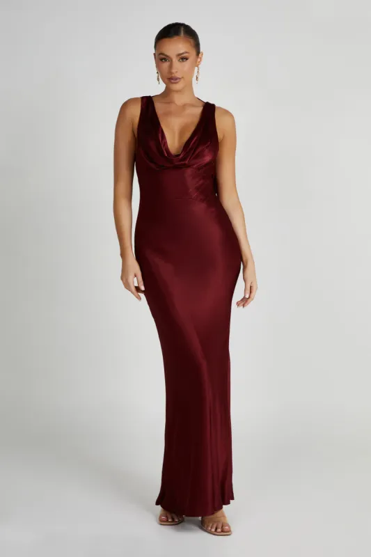 Angelique Satin Cowl Back Maxi Dress - Berry sold by Meshki