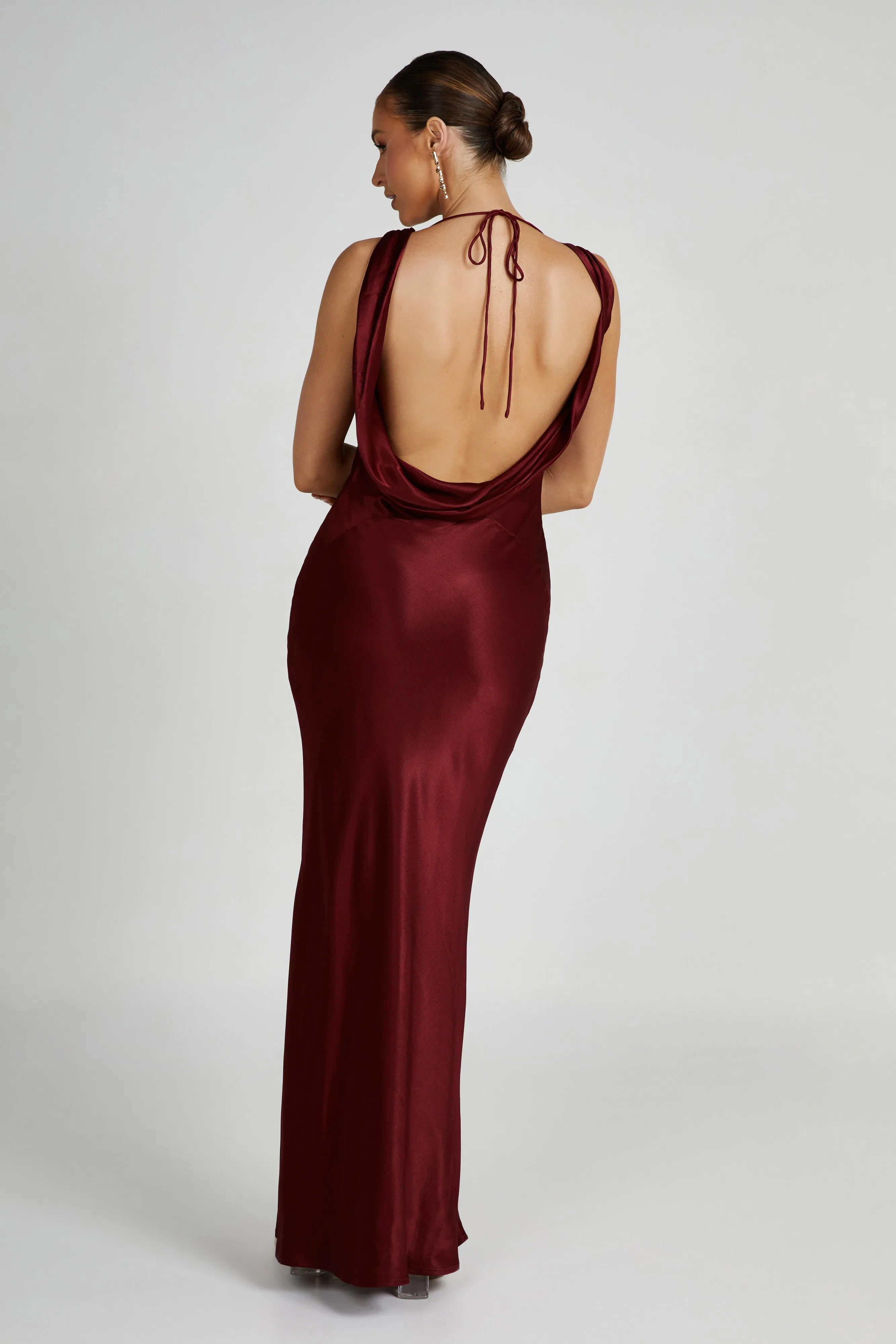 Angelique Satin Cowl Back Maxi Dress - Berry sold by Meshki product image thumbnail 2