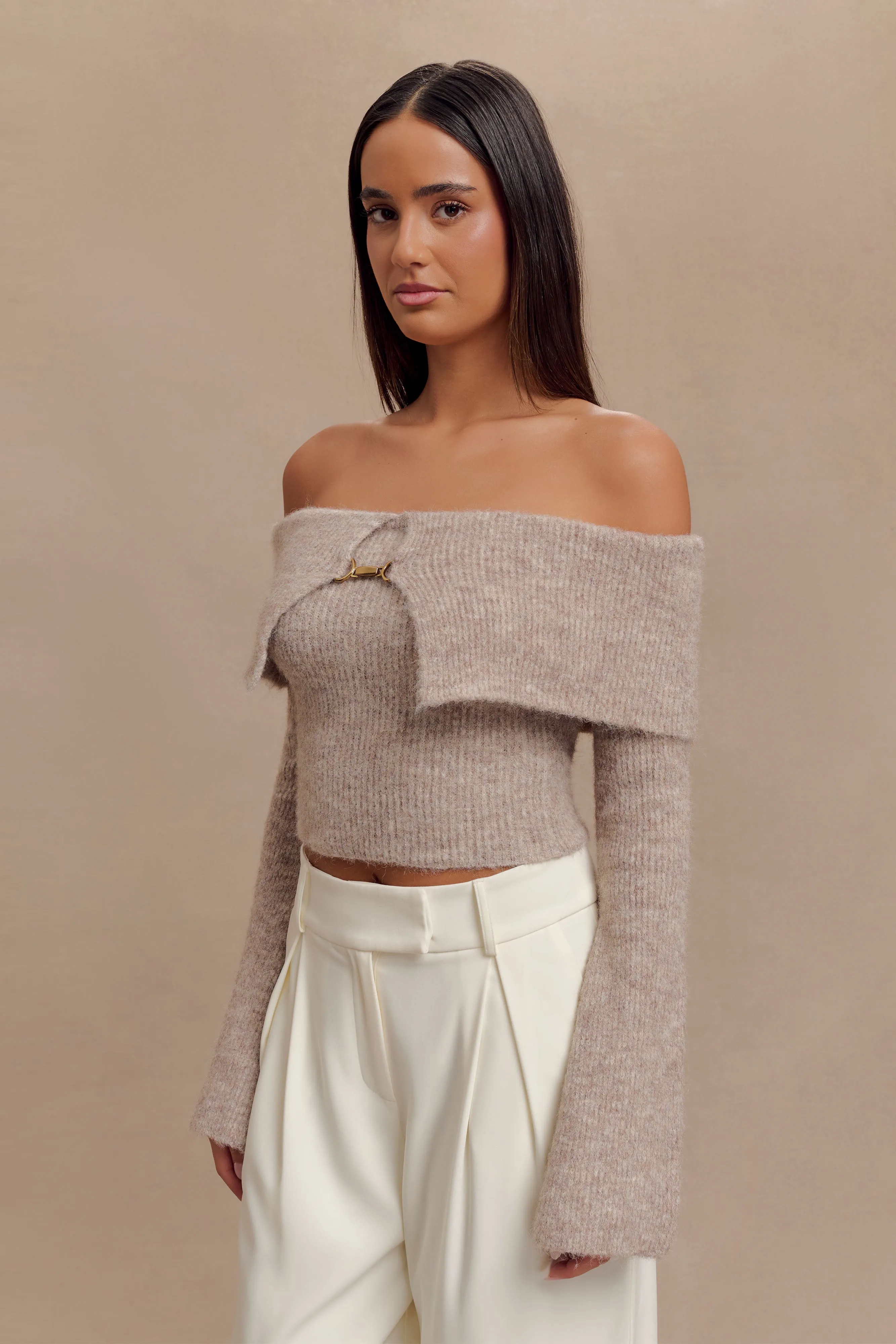 Baxter Off Shoulder Fluffy Knit Top - Taupe sold by Meshki product image thumbnail 3