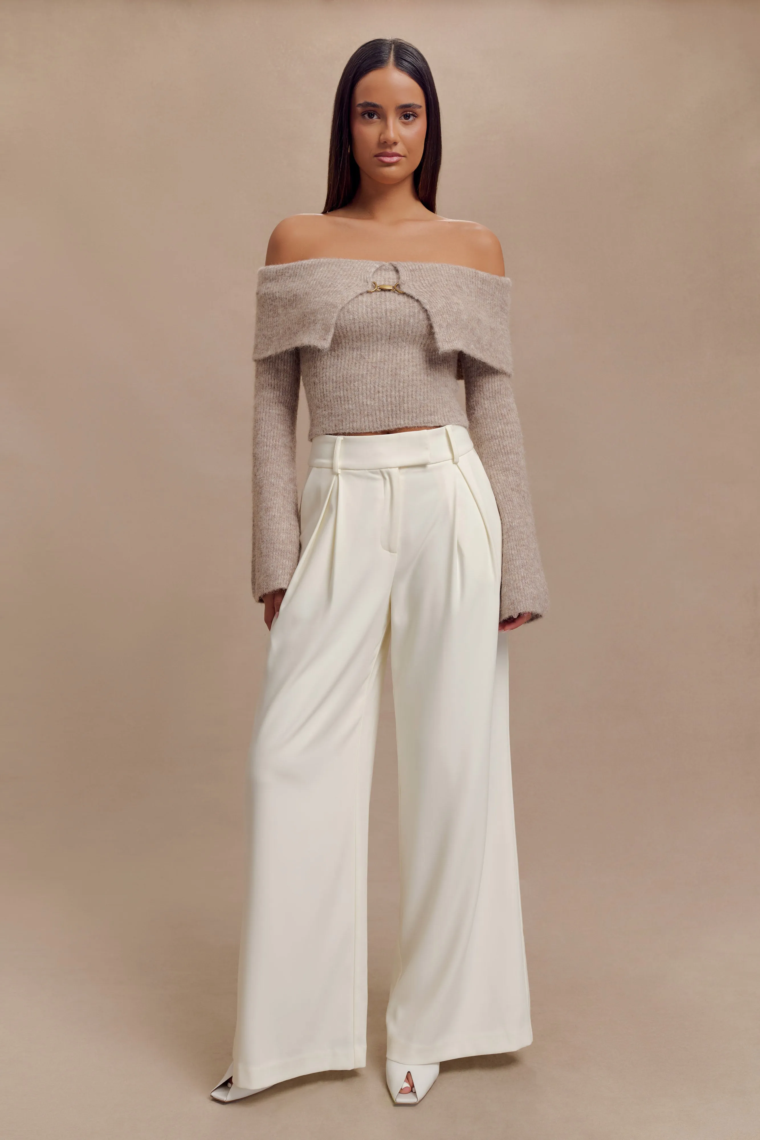 Baxter Off Shoulder Fluffy Knit Top - Taupe sold by Meshki
