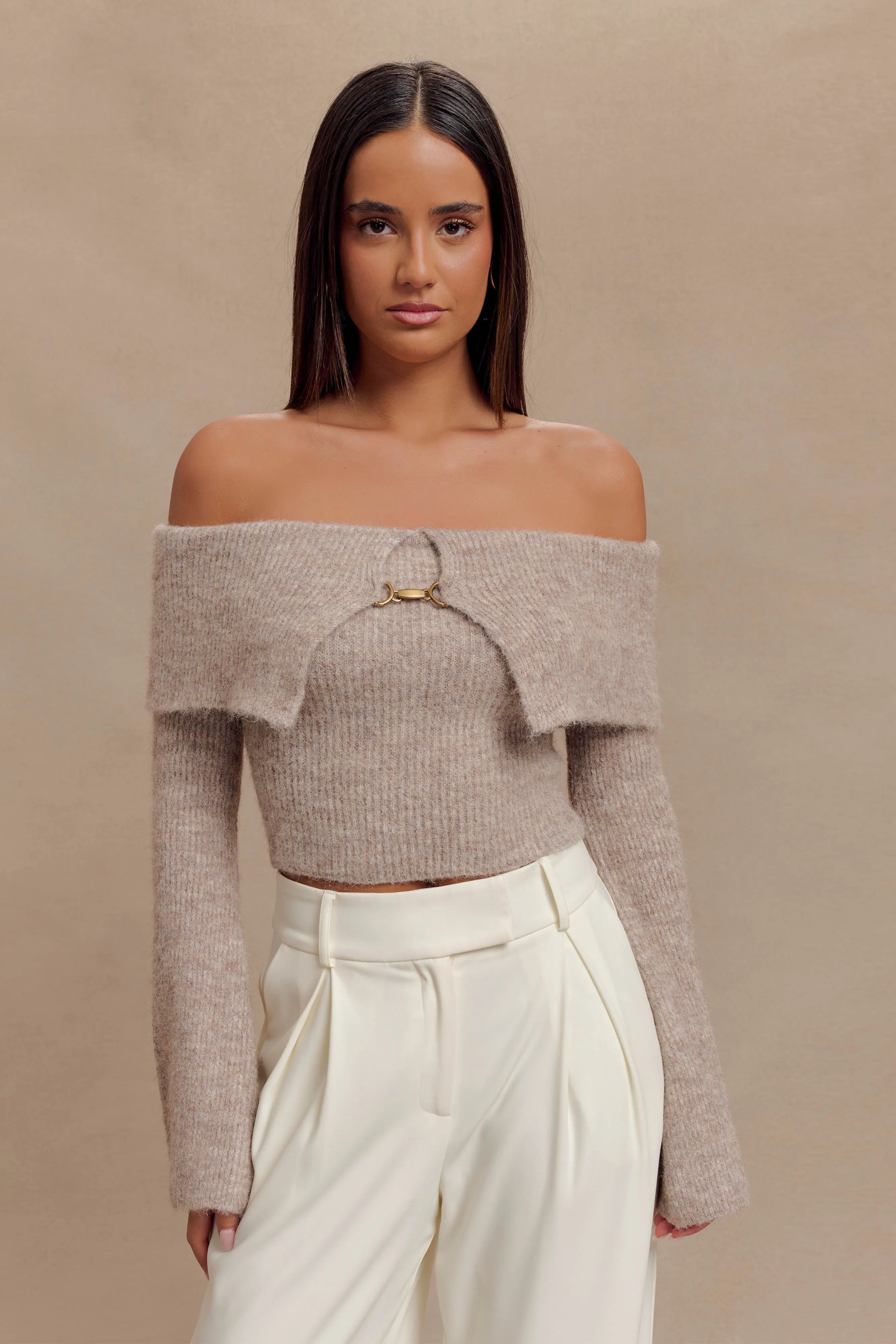 Baxter Off Shoulder Fluffy Knit Top - Taupe sold by Meshki product image thumbnail 2