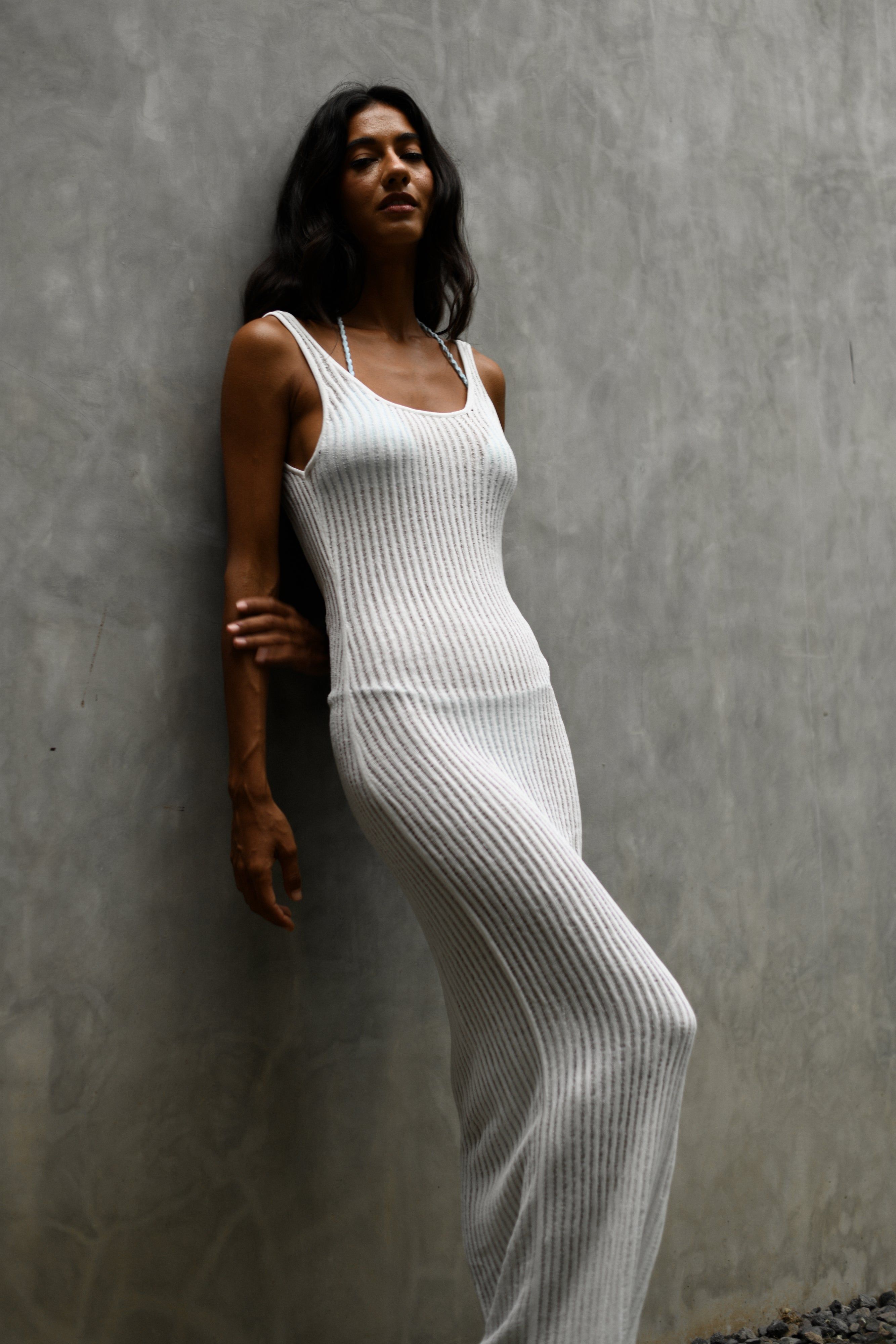 Abbey Ladder Knit Cowl Maxi Dress - White sold by Meshki