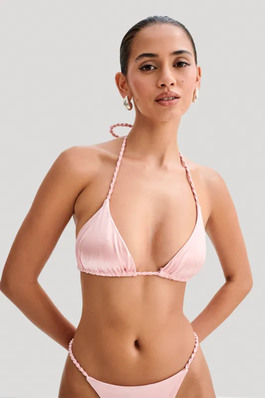 Sachi Triangle Bikini Top With Braided Ties - Pale Pink sold by Meshki