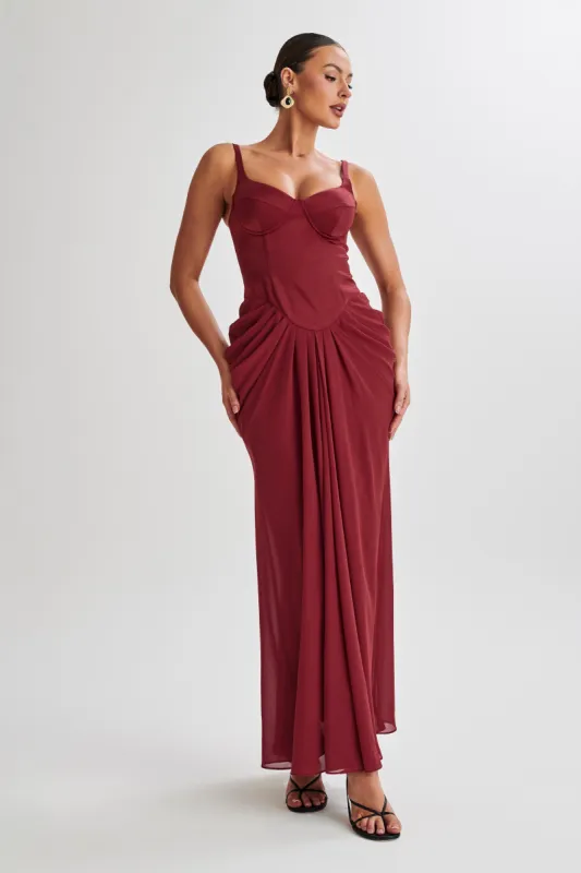 Leila Satin Corset Maxi Dress - Wine sold by Meshki