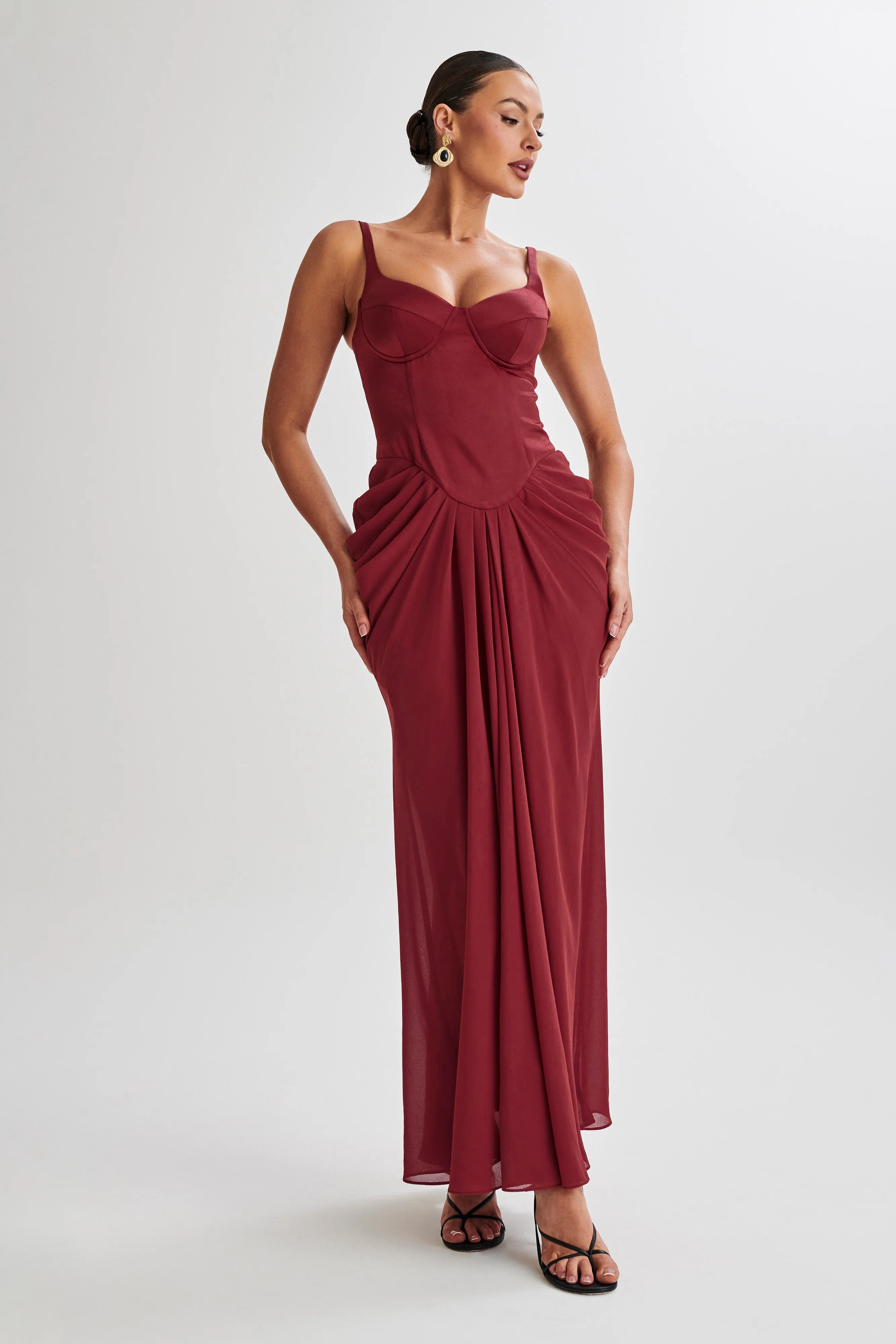 Leila Satin Corset Maxi Dress - Wine sold by Meshki