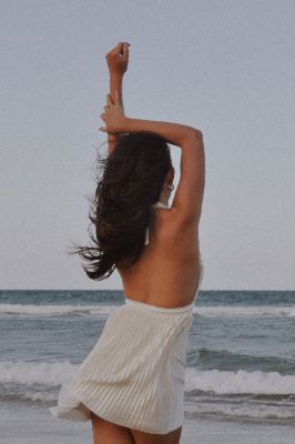 Darya Pleated Mini Halter Dress - Wheat sold by Meshki