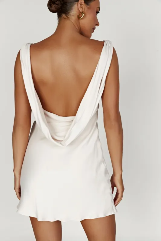 Nadia Satin Mini Dress With Cowl Back - Beige sold by Meshki