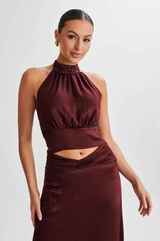 Clara Satin Halter Top - Plum sold by Meshki
