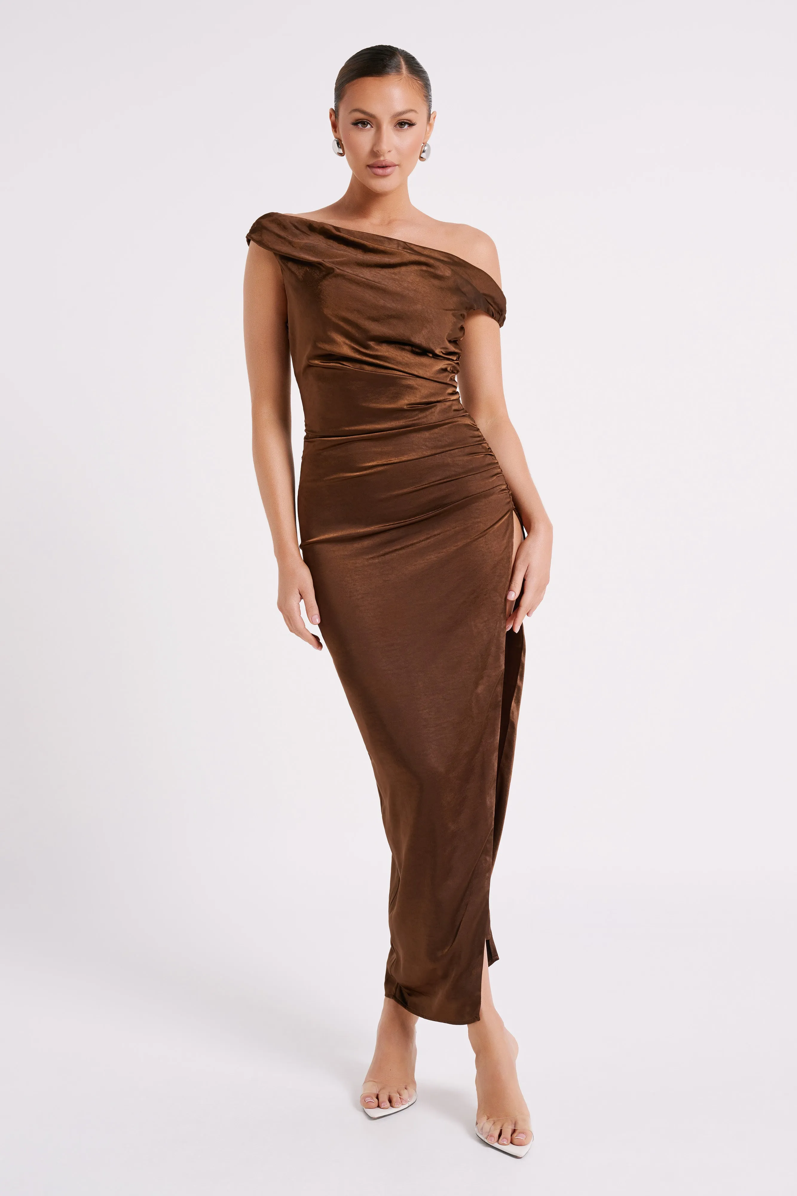 Arianne Draped Satin Maxi Dress - Dark Chocolate sold by Meshki product image thumbnail 4