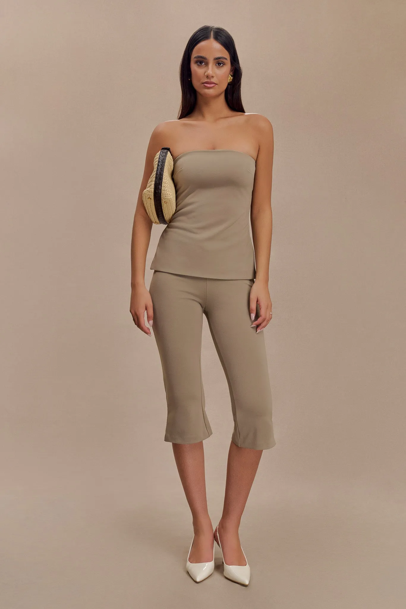 Layla Flared Crepe Capri Pants - Mushroom sold by Meshki product image thumbnail 3