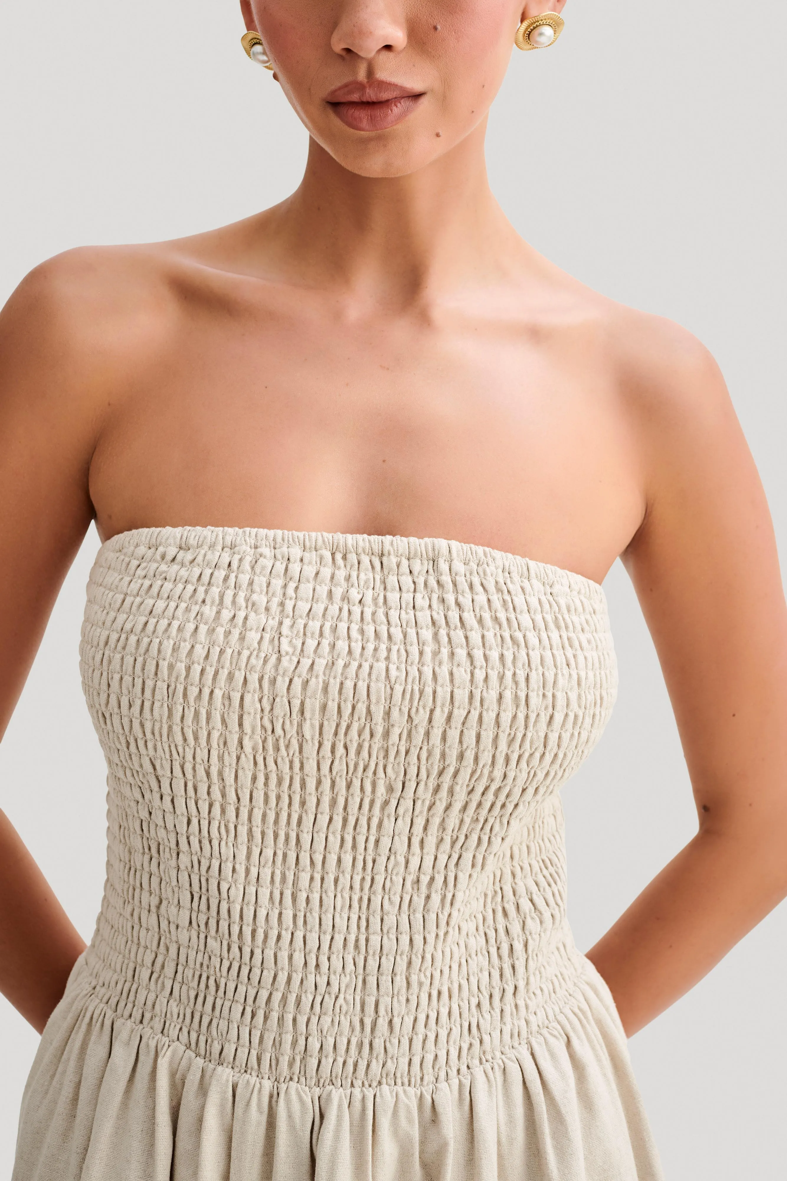 Holland Linen Shirring Mini Dress - Natural sold by Meshki product image thumbnail 3