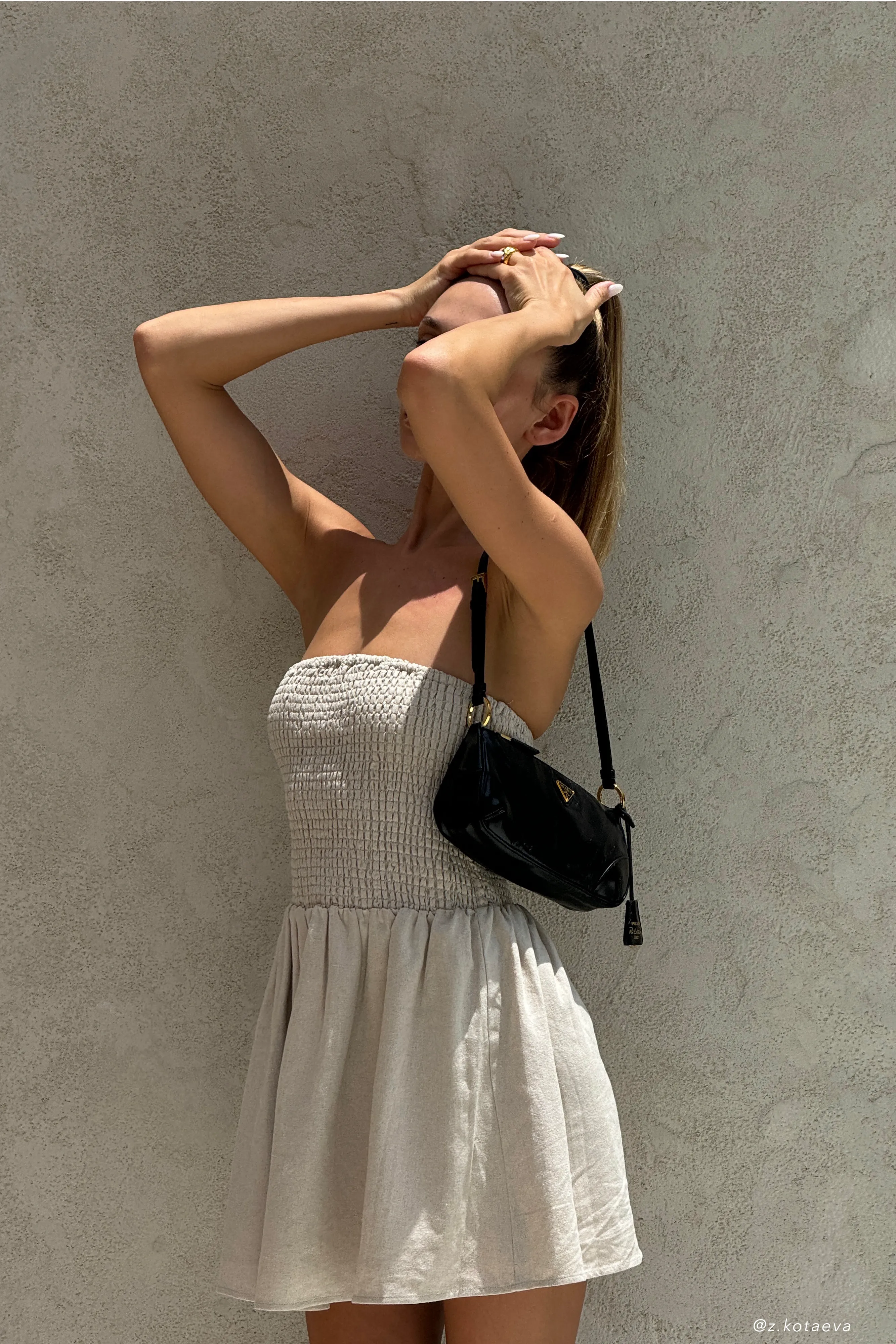 Holland Linen Shirring Mini Dress - Natural sold by Meshki