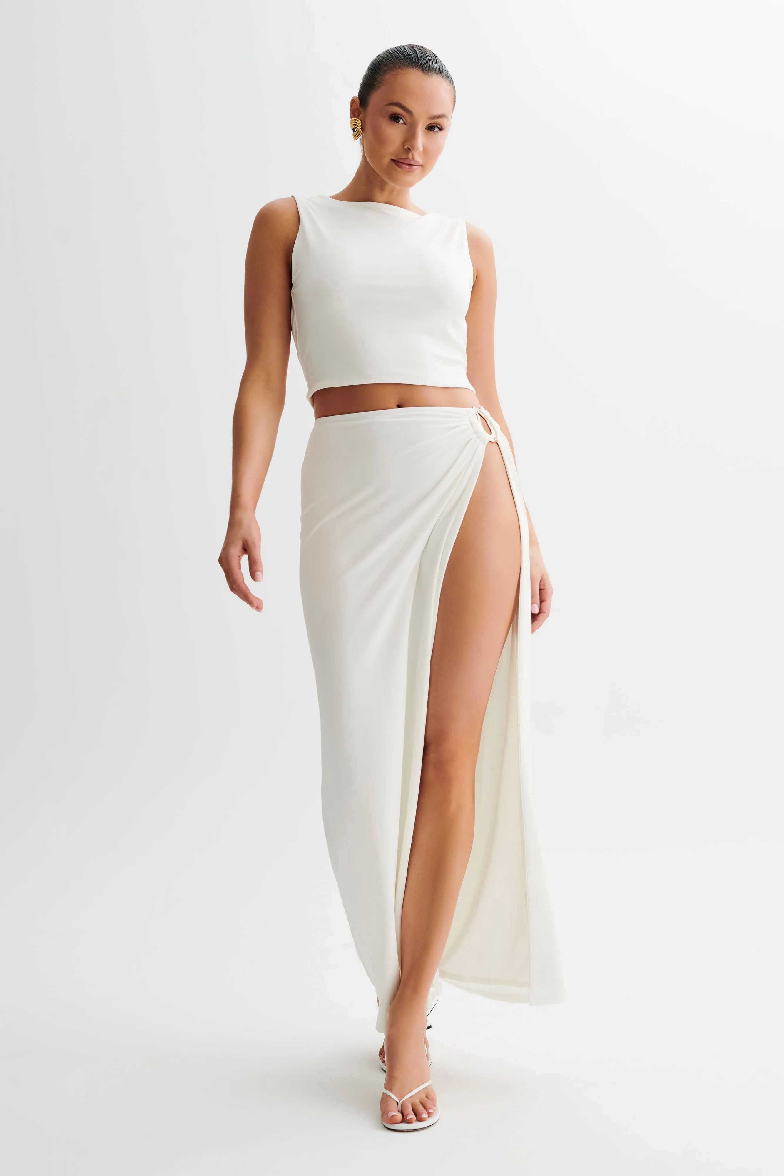Suri Slinky Maxi Skirt With Gold Hardware - White sold by Meshki product image thumbnail 5