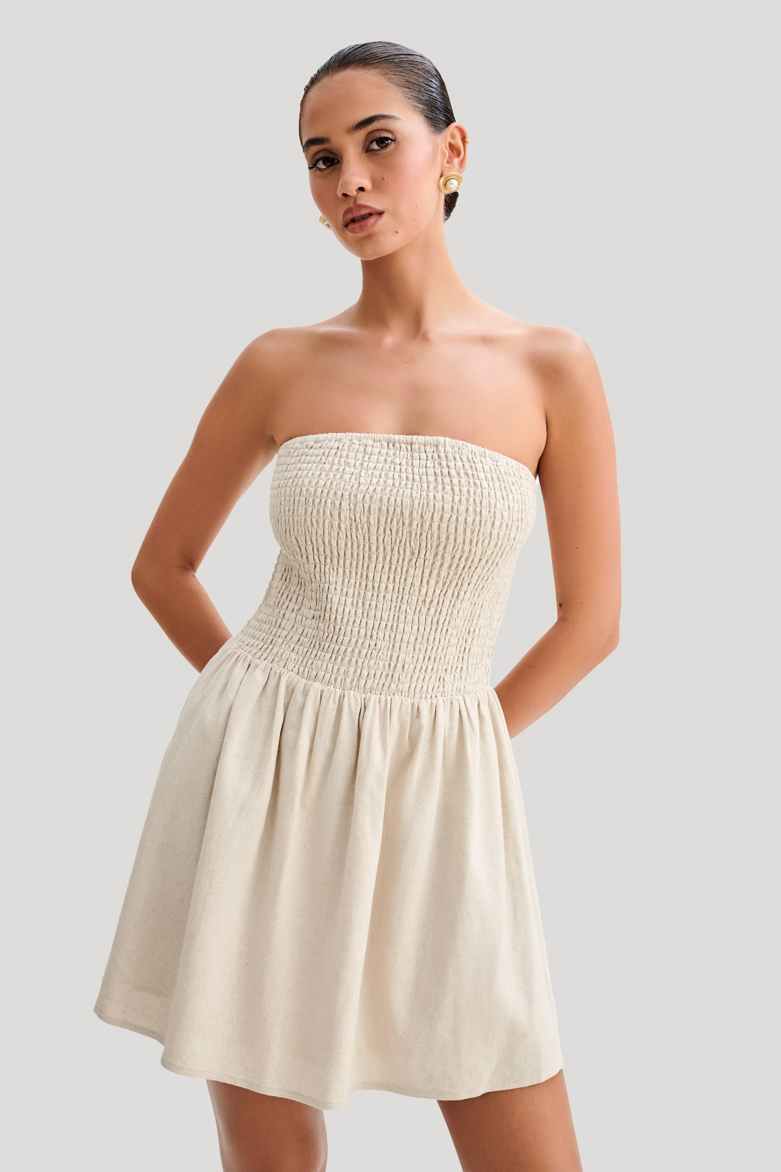 Holland Linen Shirring Mini Dress - Natural sold by Meshki product image thumbnail 2